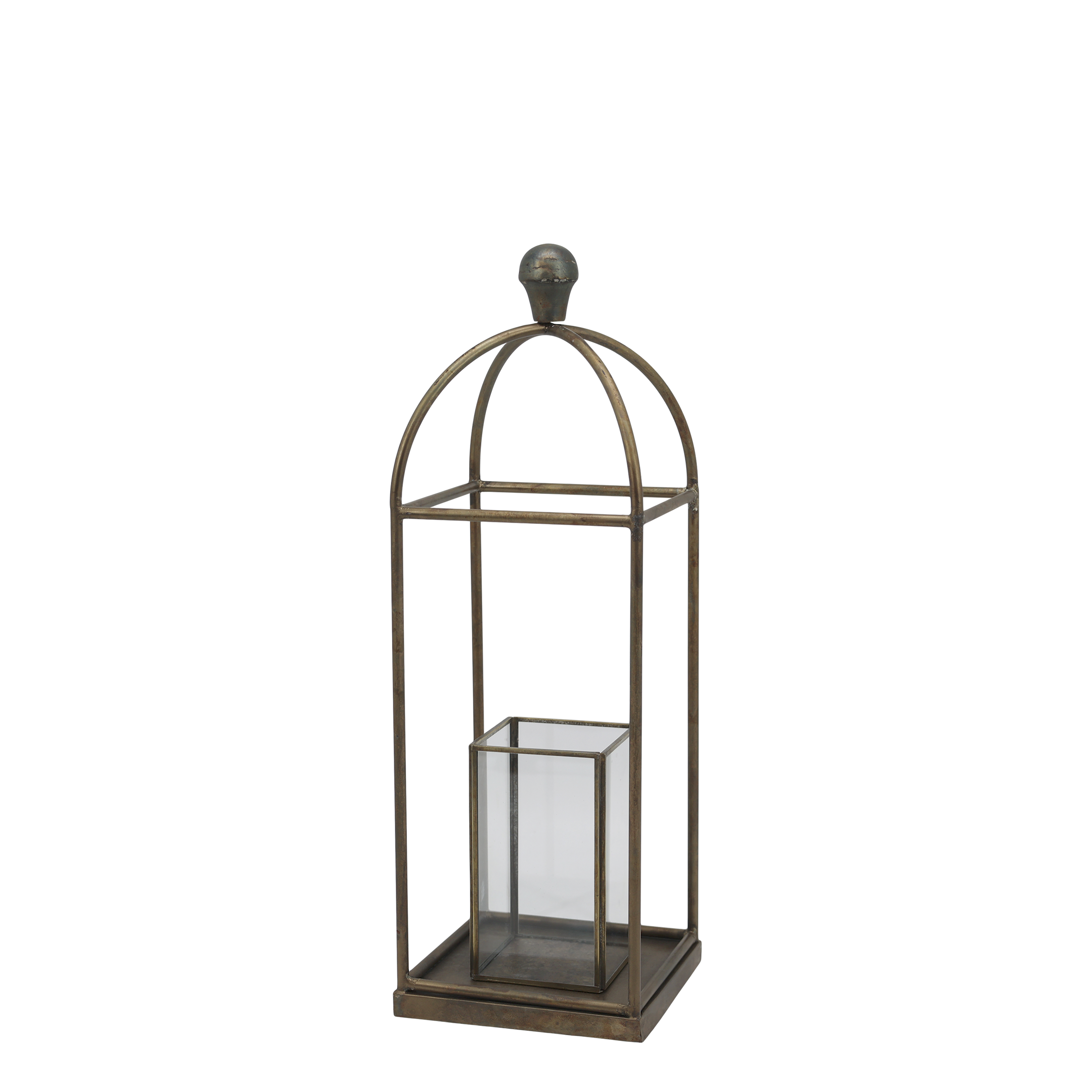 Laterne mit Halter aus Glas und Eisen, antik messing