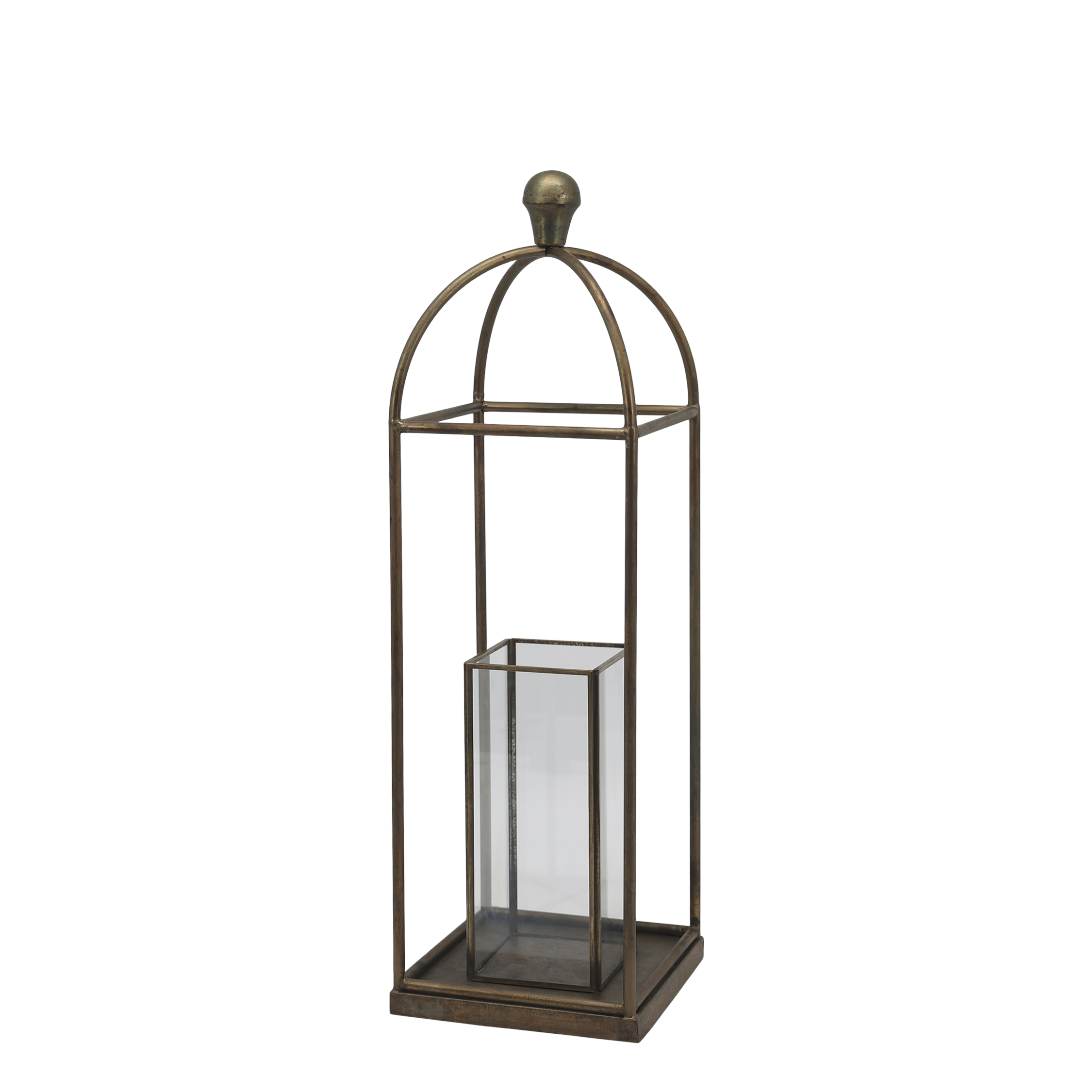 Laterne mit Halter aus Glas und Eisen, antik messing