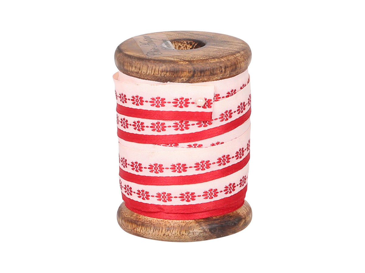 Ribbon w red flowers L5 m on wood spool white