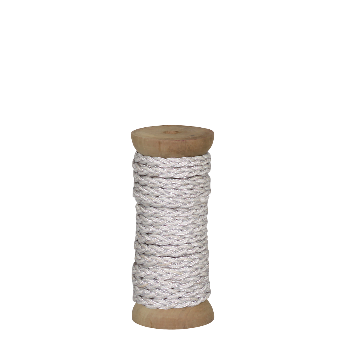 Geflochtenes Band auf Holzspule, creme/silber, 8 mm breit