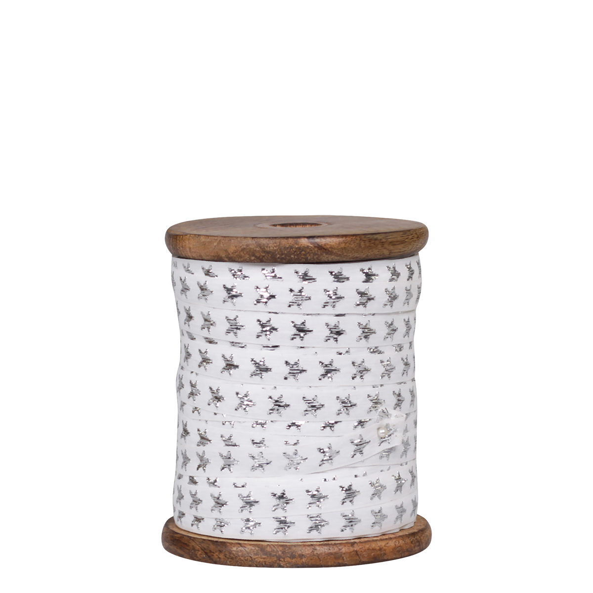 Ribbon w. stars L100 m/W 12 mm on wooden spool cream/silver