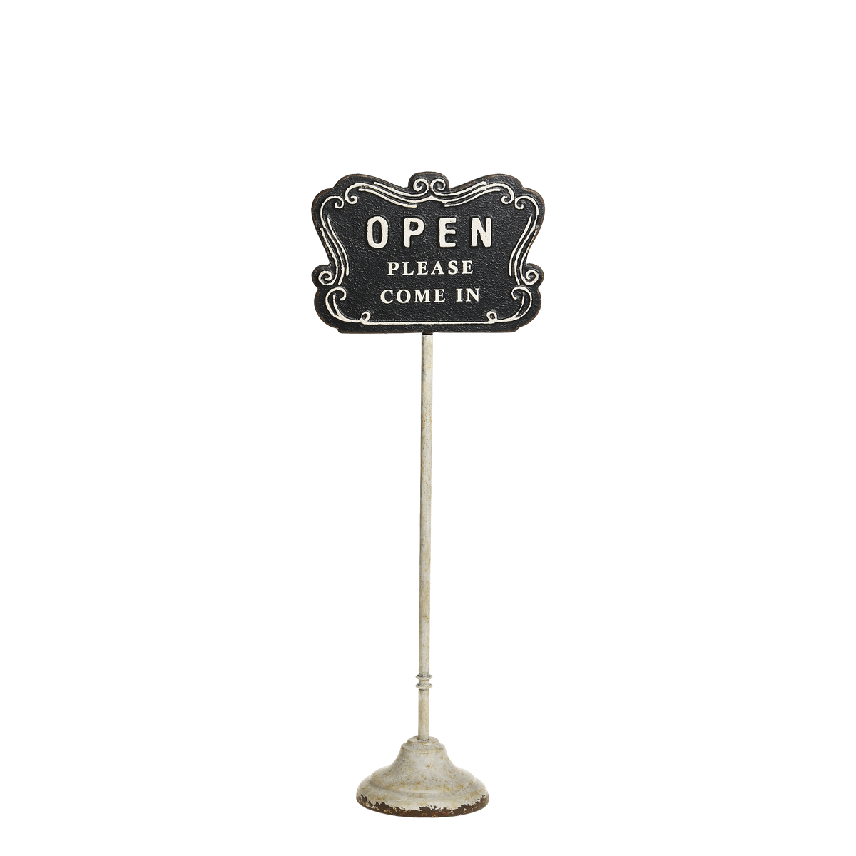 Schild open/closed auf Fuß, Eisen, antique creme