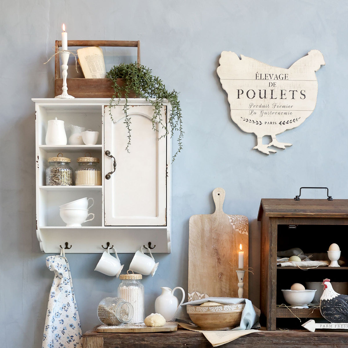 Schild Poulets aus Kiefernholz, 43 cm, creme