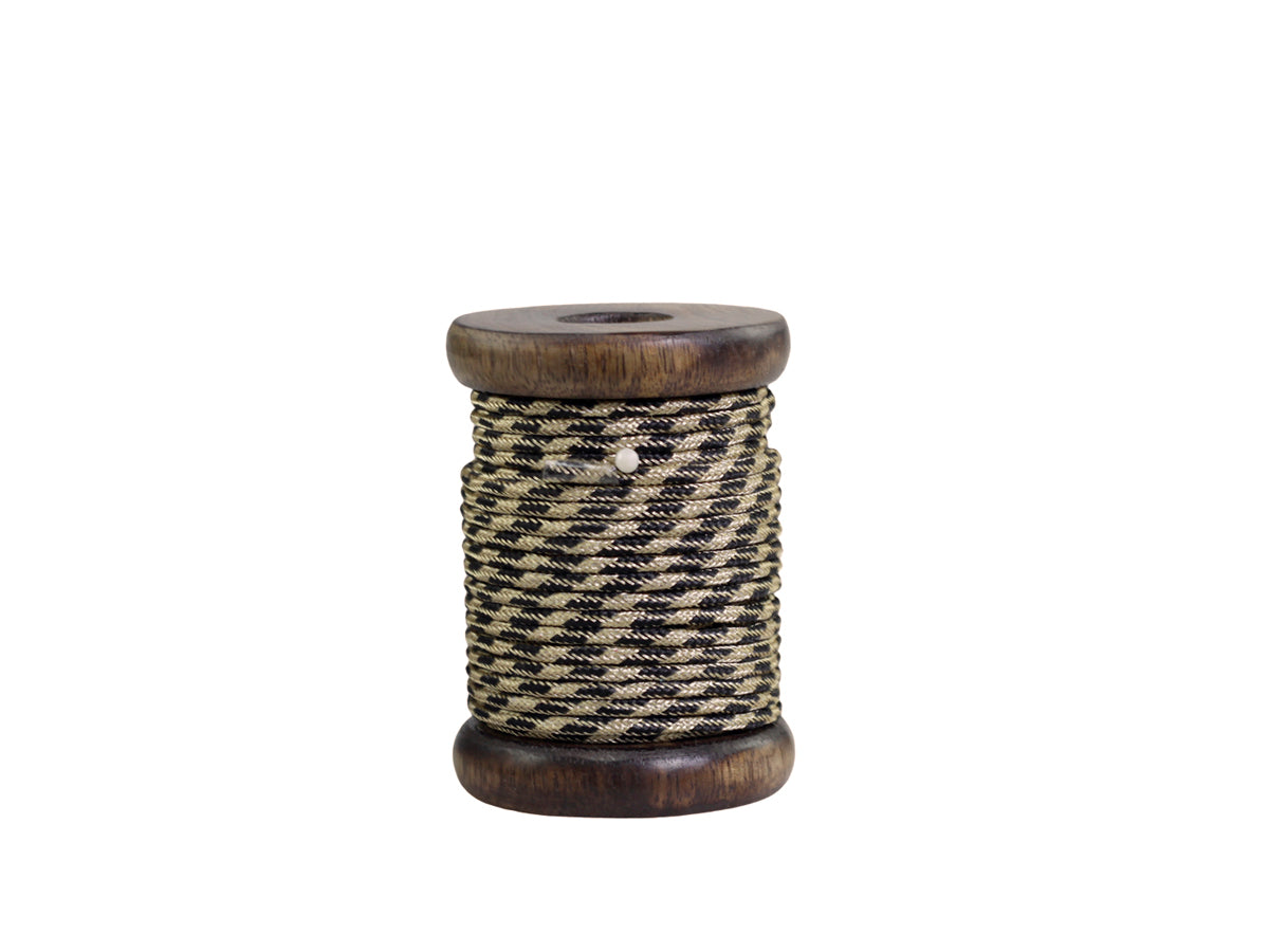 Ribbon w. gold thread twisted L5 m/W 2 mm on wooden spoole black