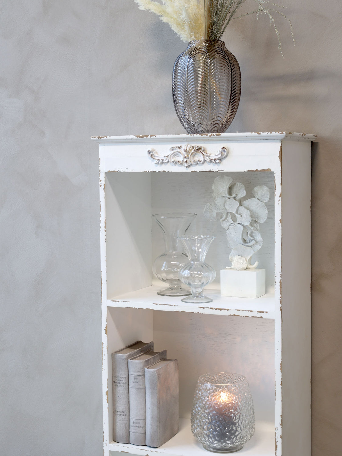 Blatt-Deko auf Fuß für Sideboard, 35 cm, antique creme
