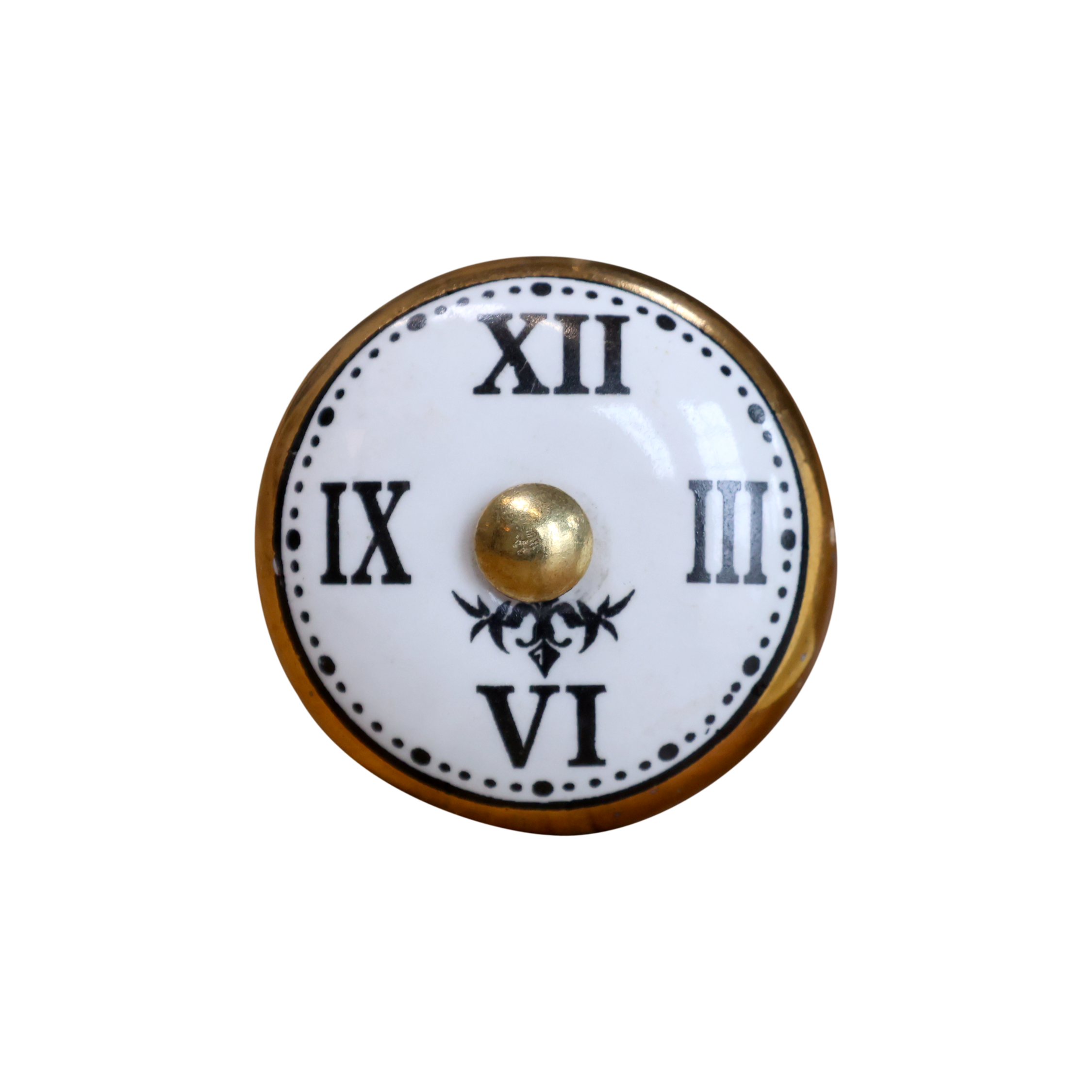 Griff mit Uhr-Motiv aus Porzellan und Eisen, Creme-Gold