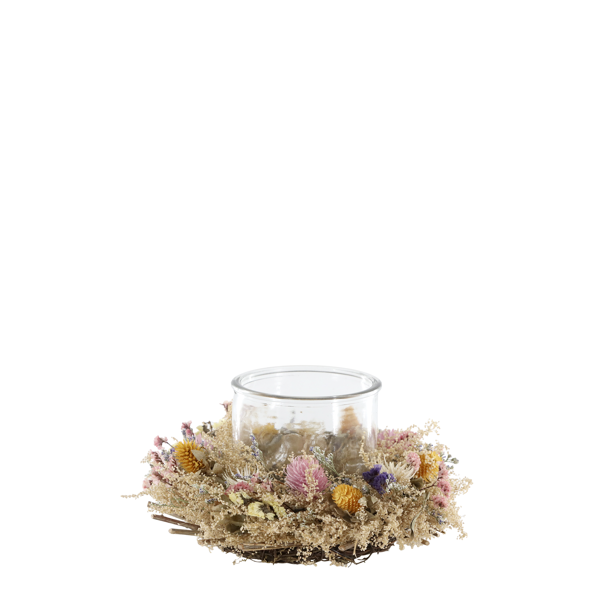 Windlicht mit Blumenkranz aus Gras und Glas, 18 cm
