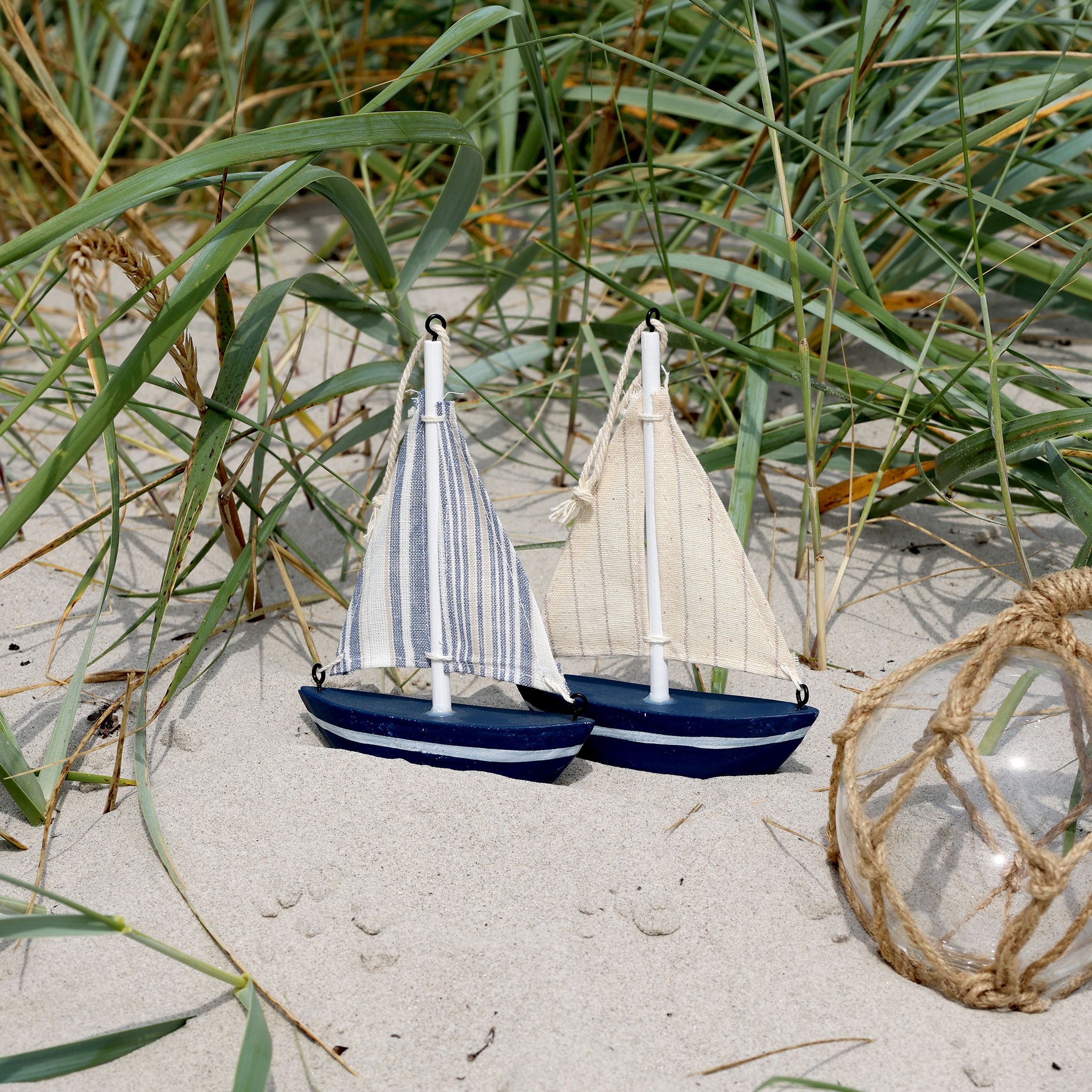 Segelboot Deko aus Holz und Stoff, 2er Set, 15 cm hoch