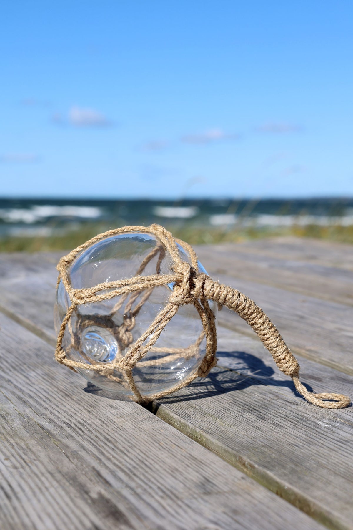 Windlicht aus Glas mit Hanfseil, 10 cm Durchmesser