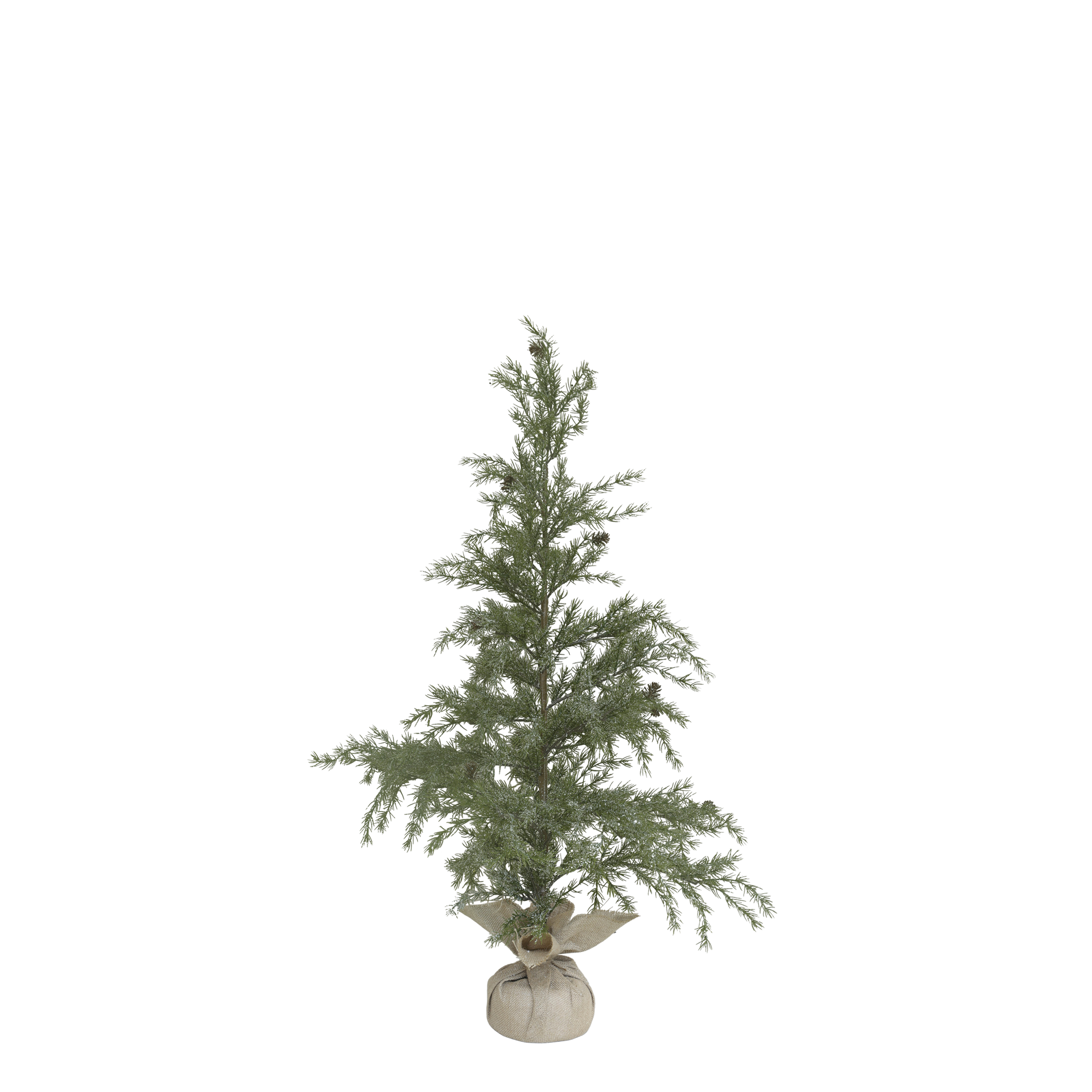 Tannenbaum mit Schnee und Zapfen, 120 cm hoch, mit Jute
