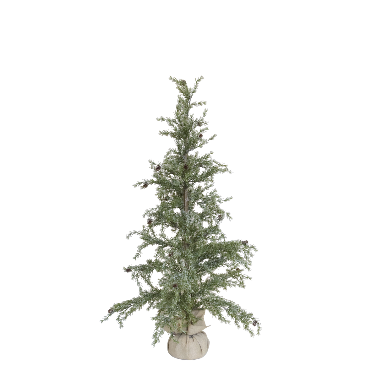 Tannenbaum mit Schnee und Zapfen, 150 cm hoch, Jute