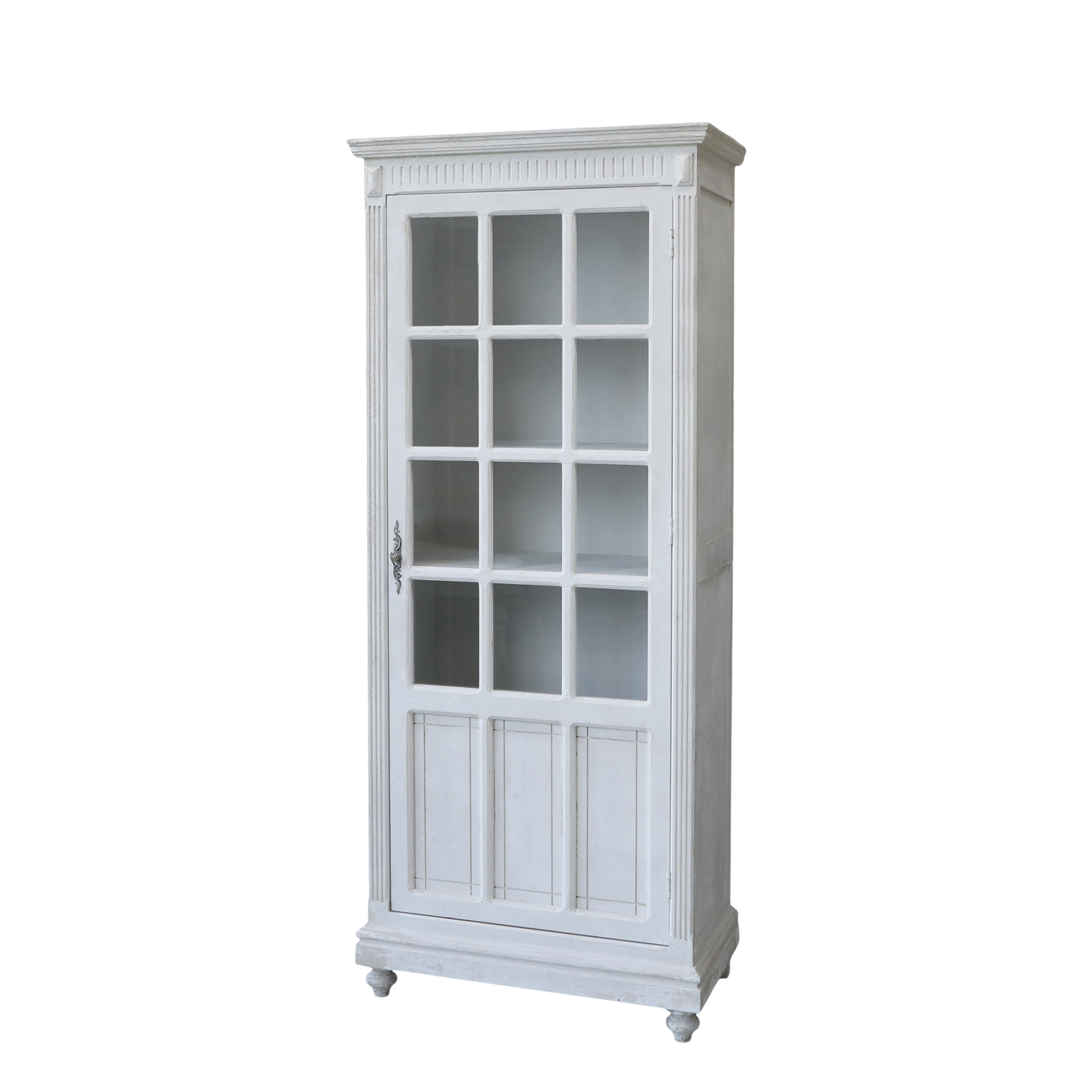 Vitrinenschrank aus Kiefernholz mit Glastür, antique weiß