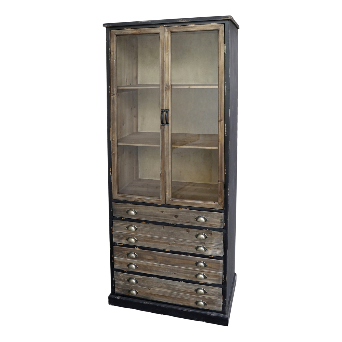 Vitrinenschrank mit Glastüren und Schubladen, schwarz