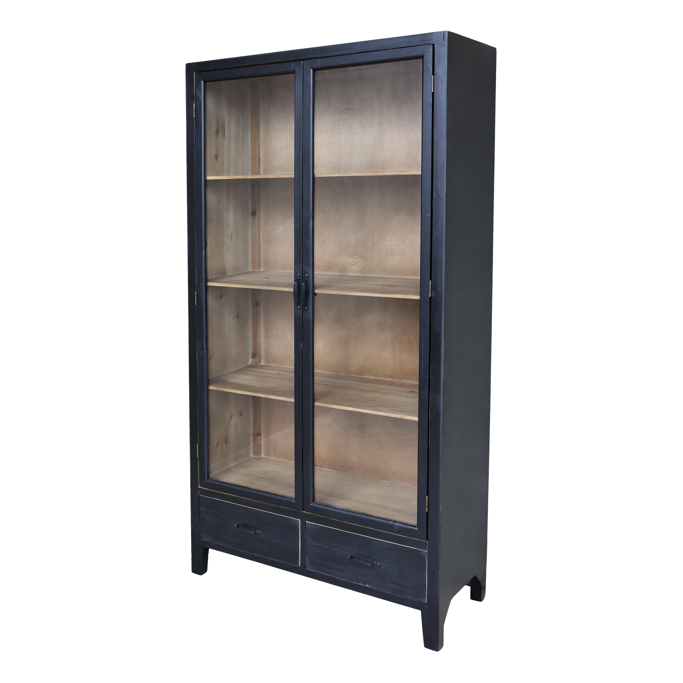 Vitrinenschrank schwarz mit Glastüren, 195 cm hoch