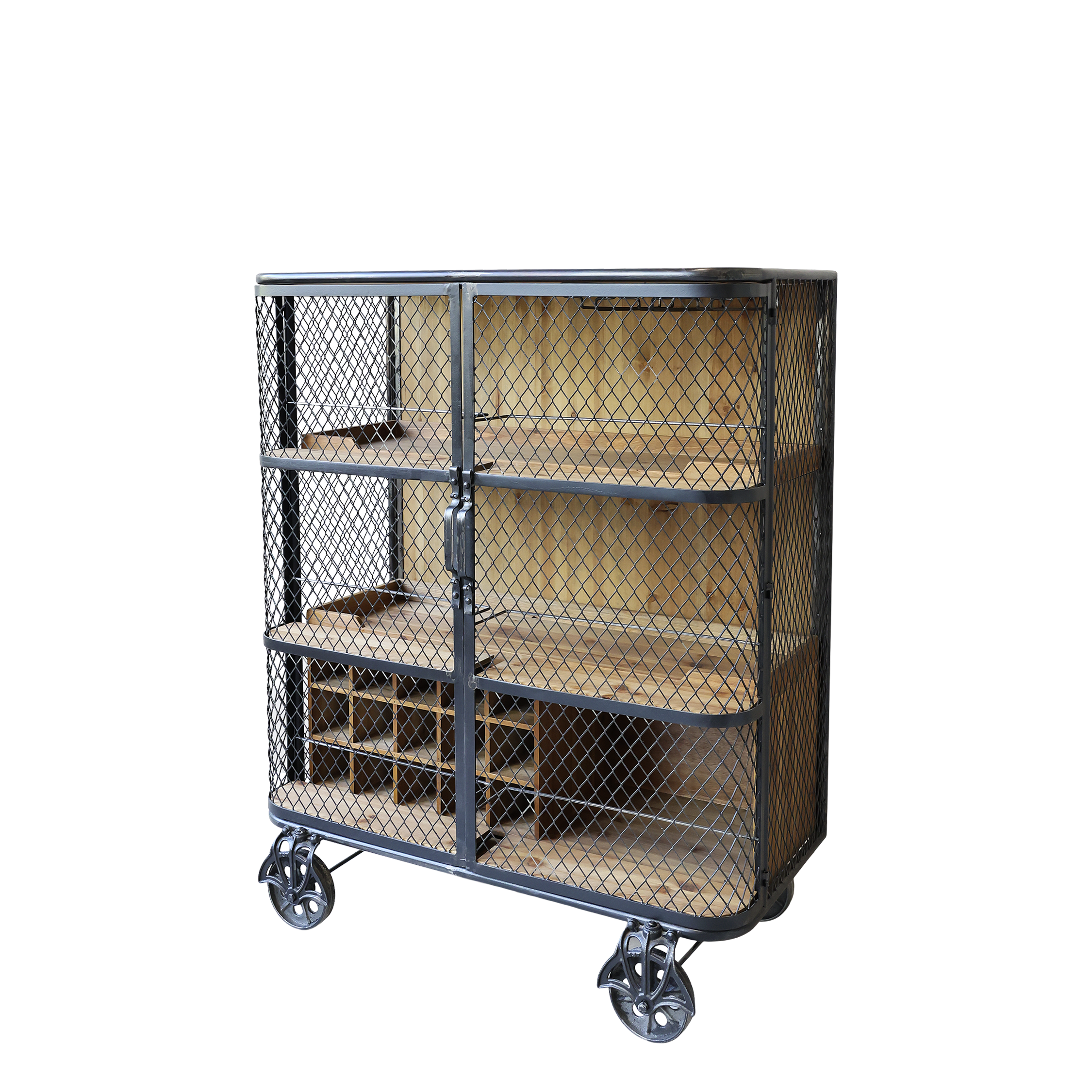 Barschrank auf Rädern, Tannenholz und Eisen, antique kohle