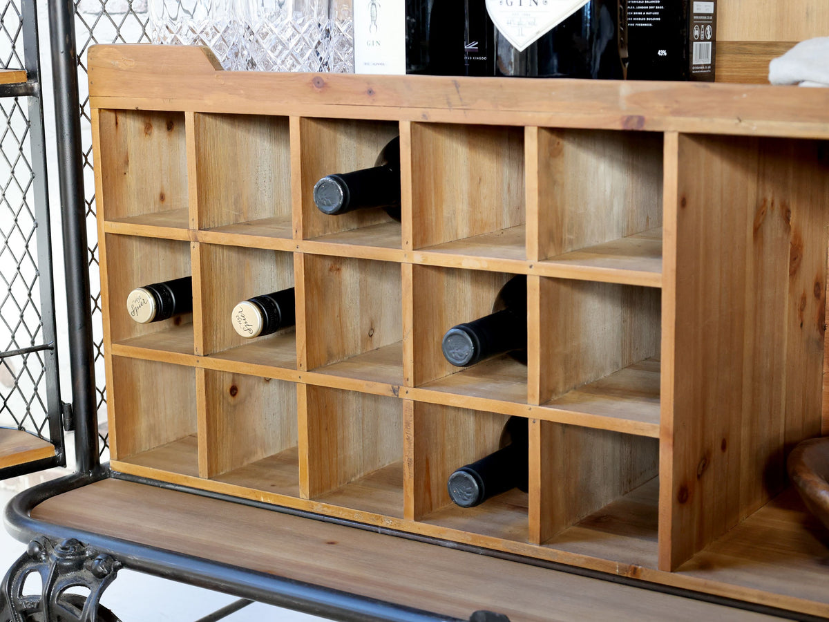 Barschrank auf Rädern, Tannenholz und Eisen, antique kohle
