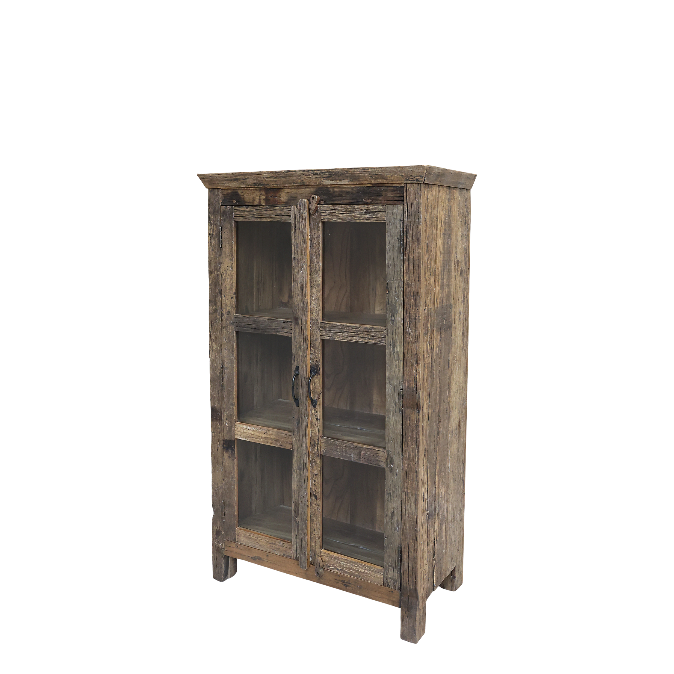 Vitrinenschrank aus Recyclingholz mit Glastüren, 140 cm hoch