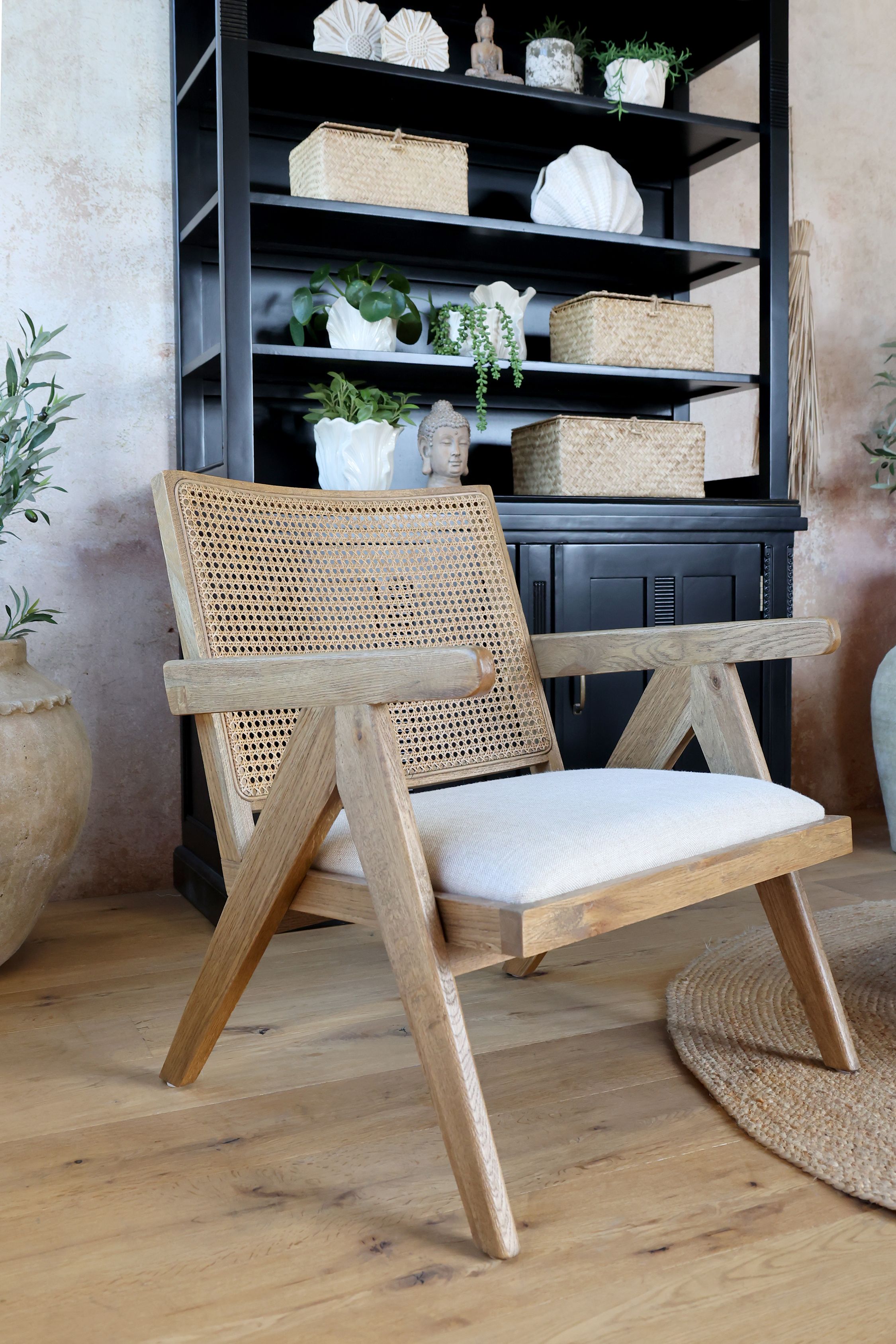 Loungestuhl mit Stoffsitz und Rattan-Rückenlehne, 70 cm