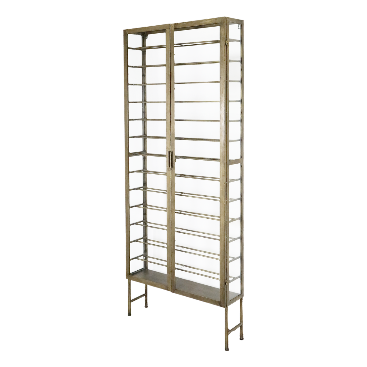 Weinständer aus Eisen und Glas, messingfarben, 194 cm hoch