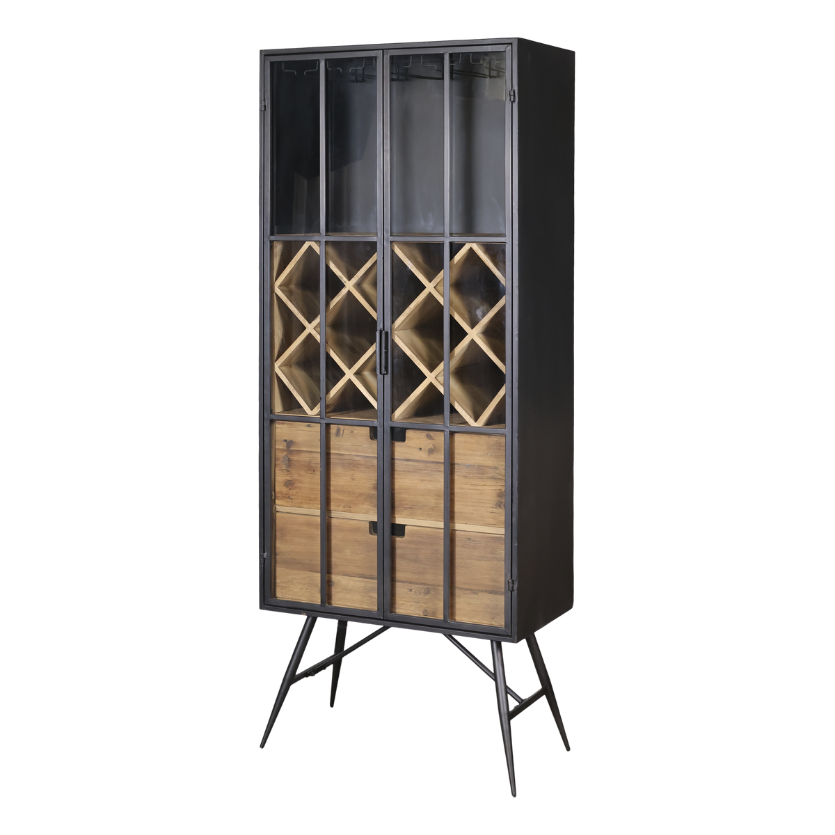 Vitrinenschrank Glas mit Flaschenregal aus Eisen und Holz