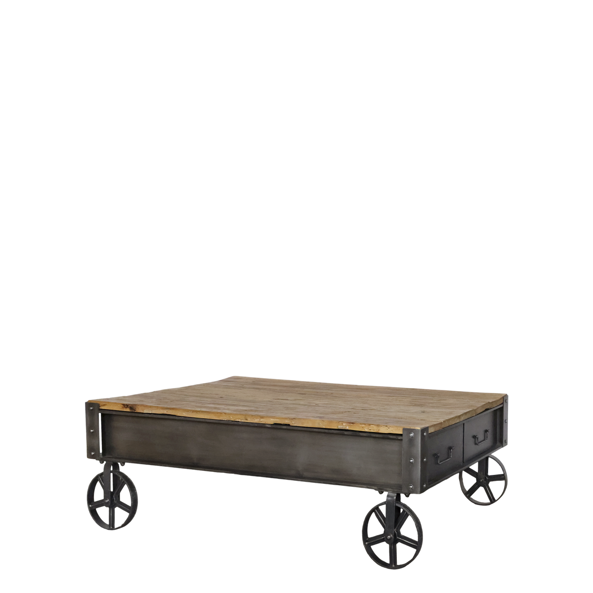 Sofatisch mit Schublade aus Eisen und Ulmenholz, 122 cm lang