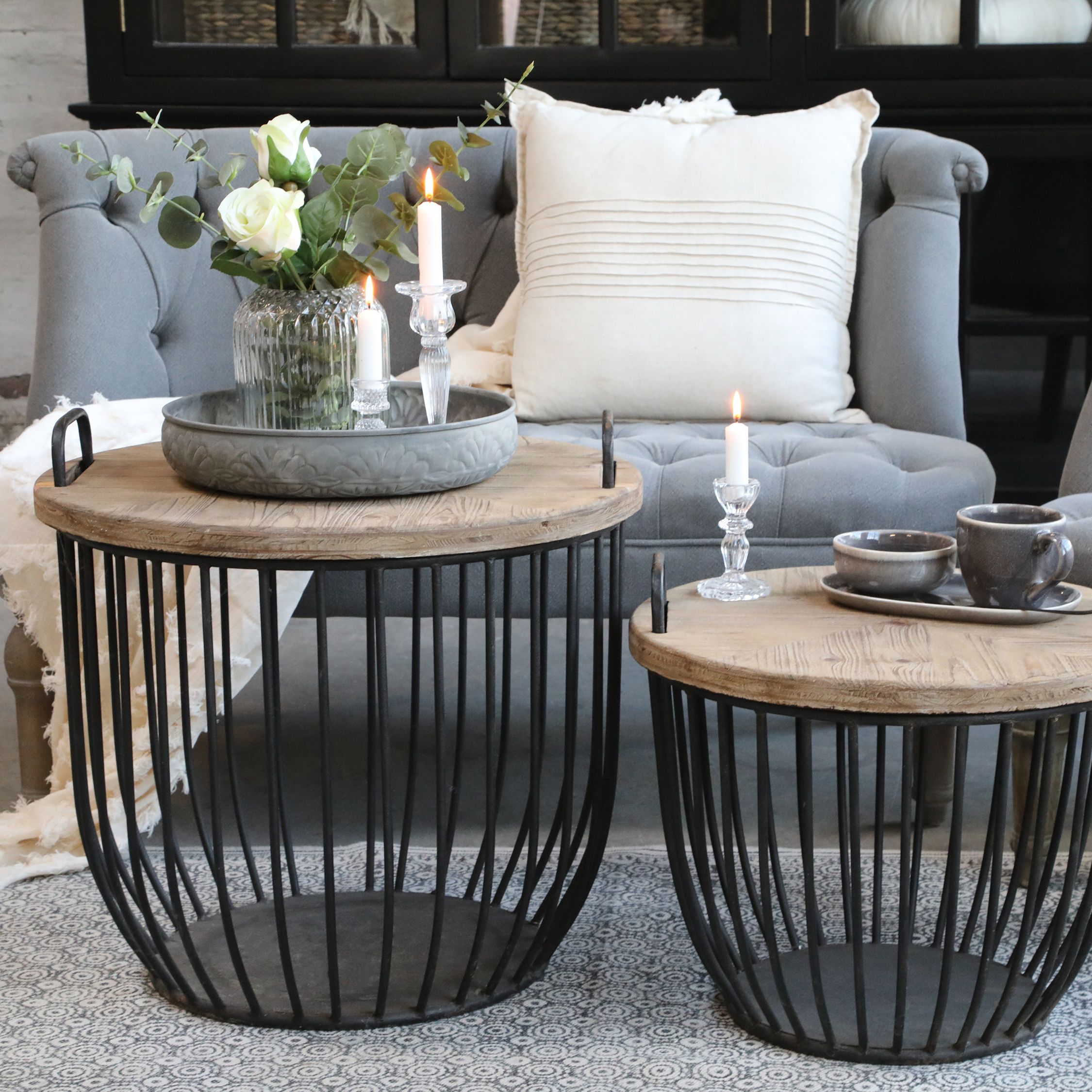 Sofatisch Set von 2 mit Holzdeckeln, Antik Schwarz