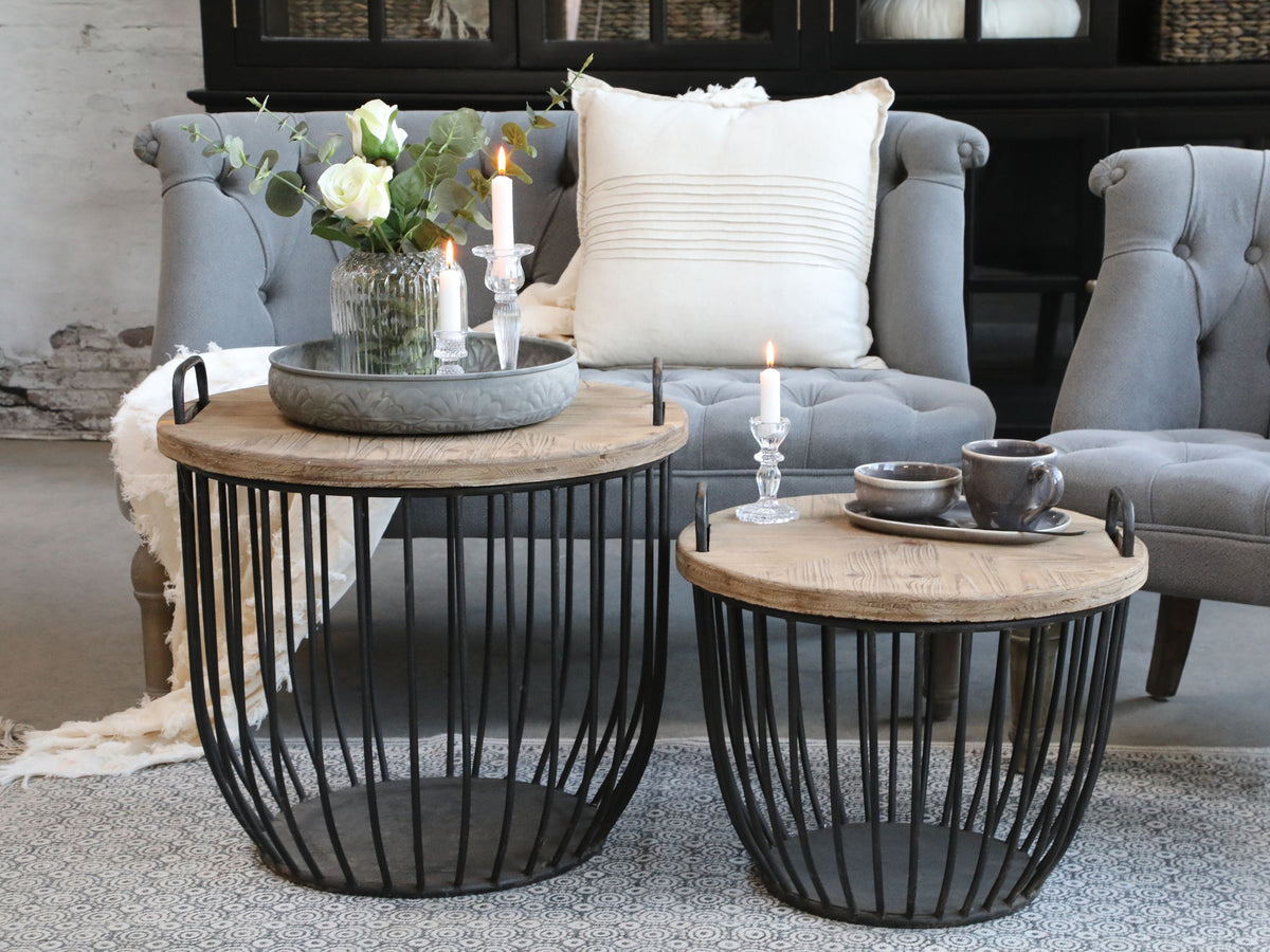 Sofatisch mit Holzdeckeln, Set aus 2, antique schwarz