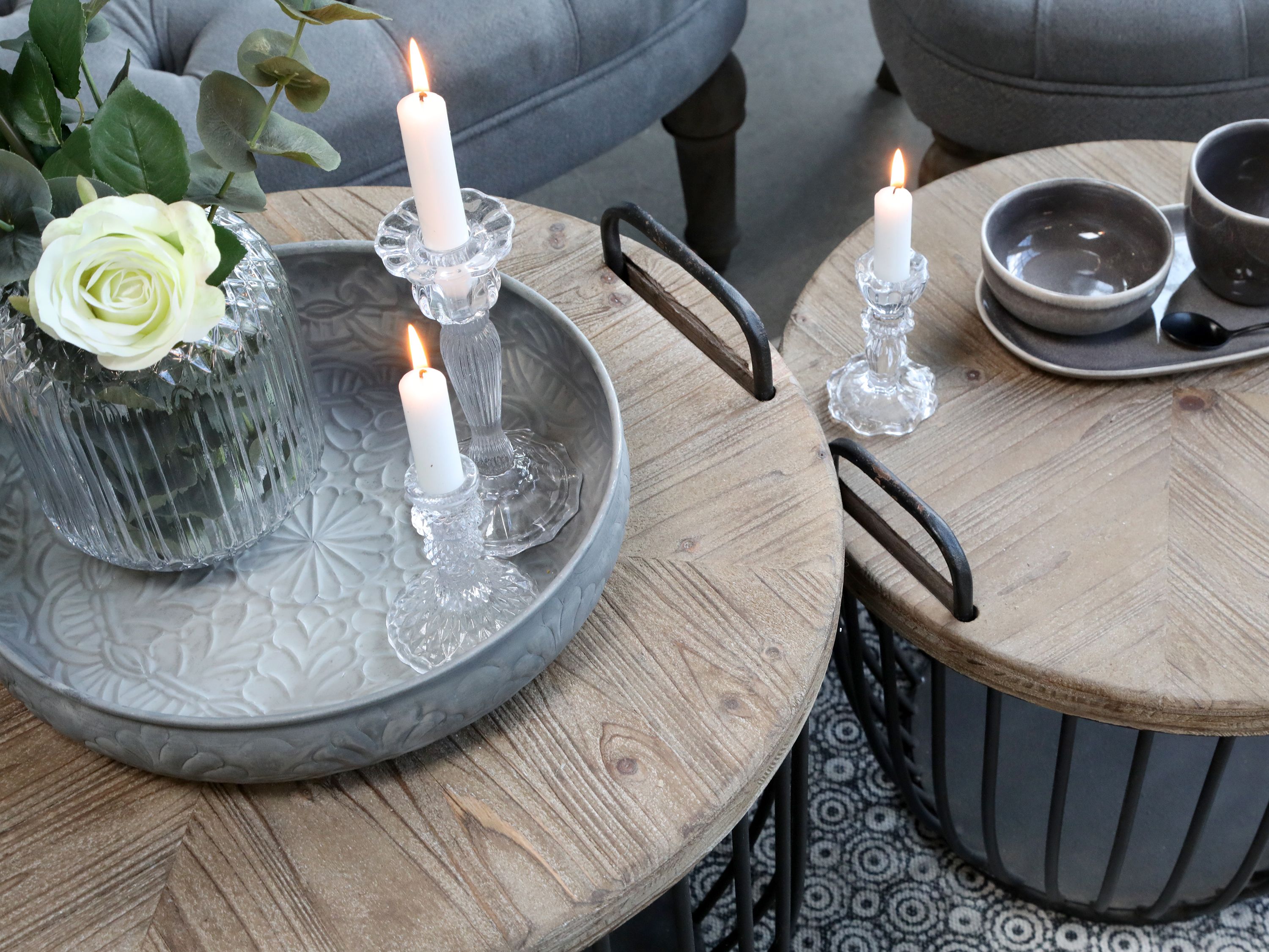 Sofatisch mit Holzdeckeln, Set aus 2, antique schwarz
