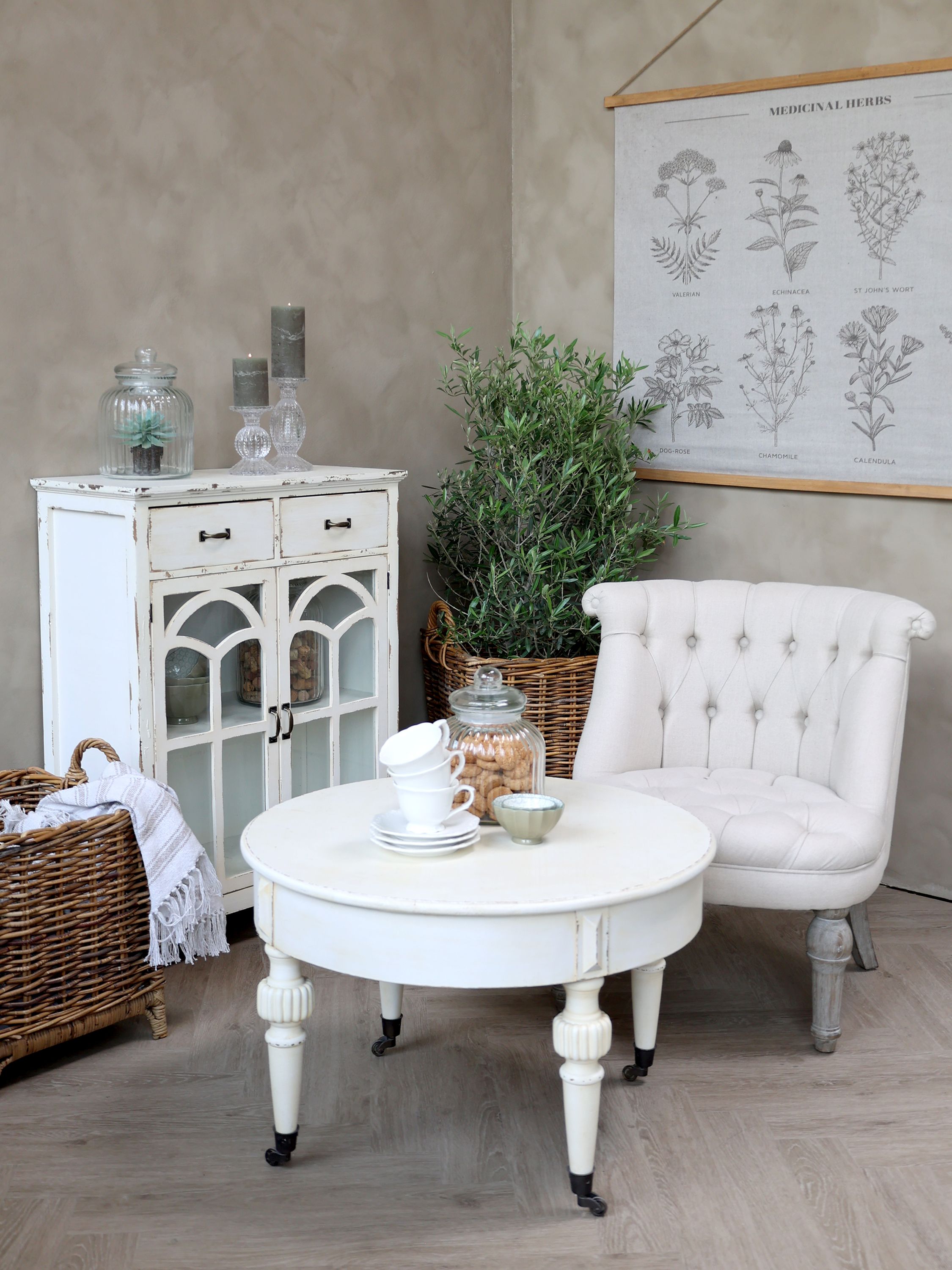 Sofatisch mit Rädern, Tannenholz, antique creme, 46 cm hoch