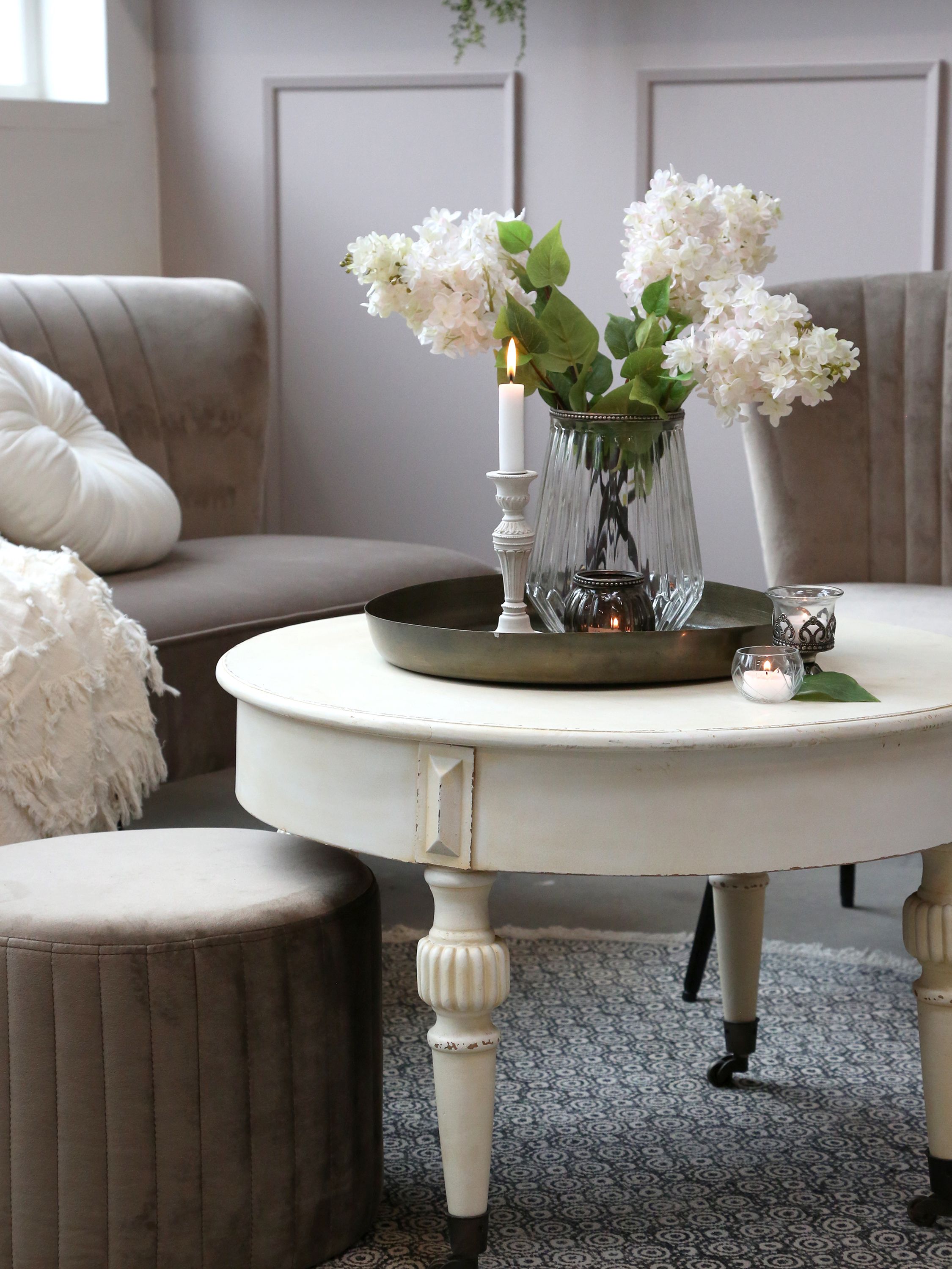Sofatisch mit Rädern, Tannenholz, antique creme, 46 cm hoch