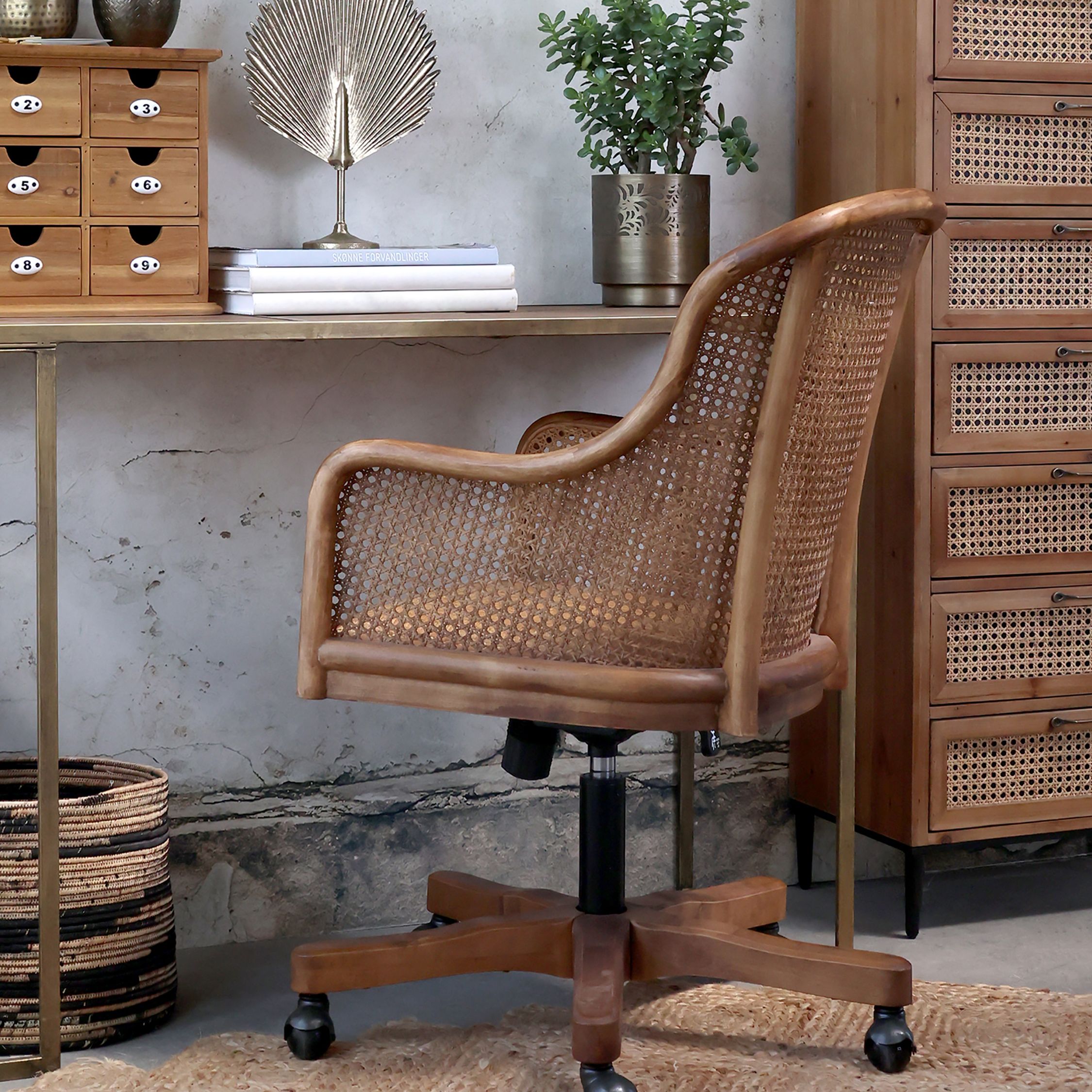 Bürostuhl mit geflochtenem Rattan, höhenverstellbar, natur