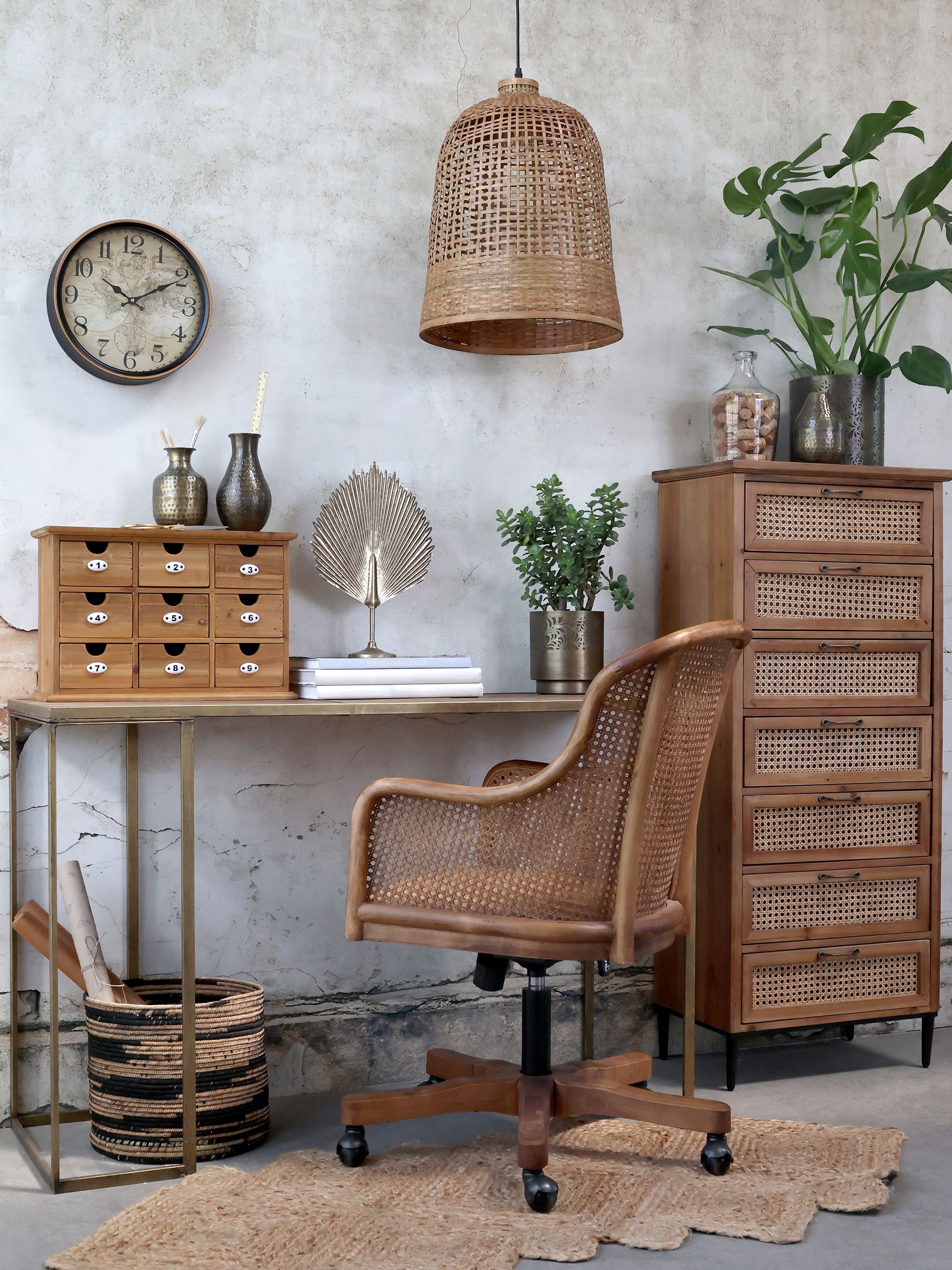 Bürostuhl mit geflochtenem Rattan, höhenverstellbar, natur