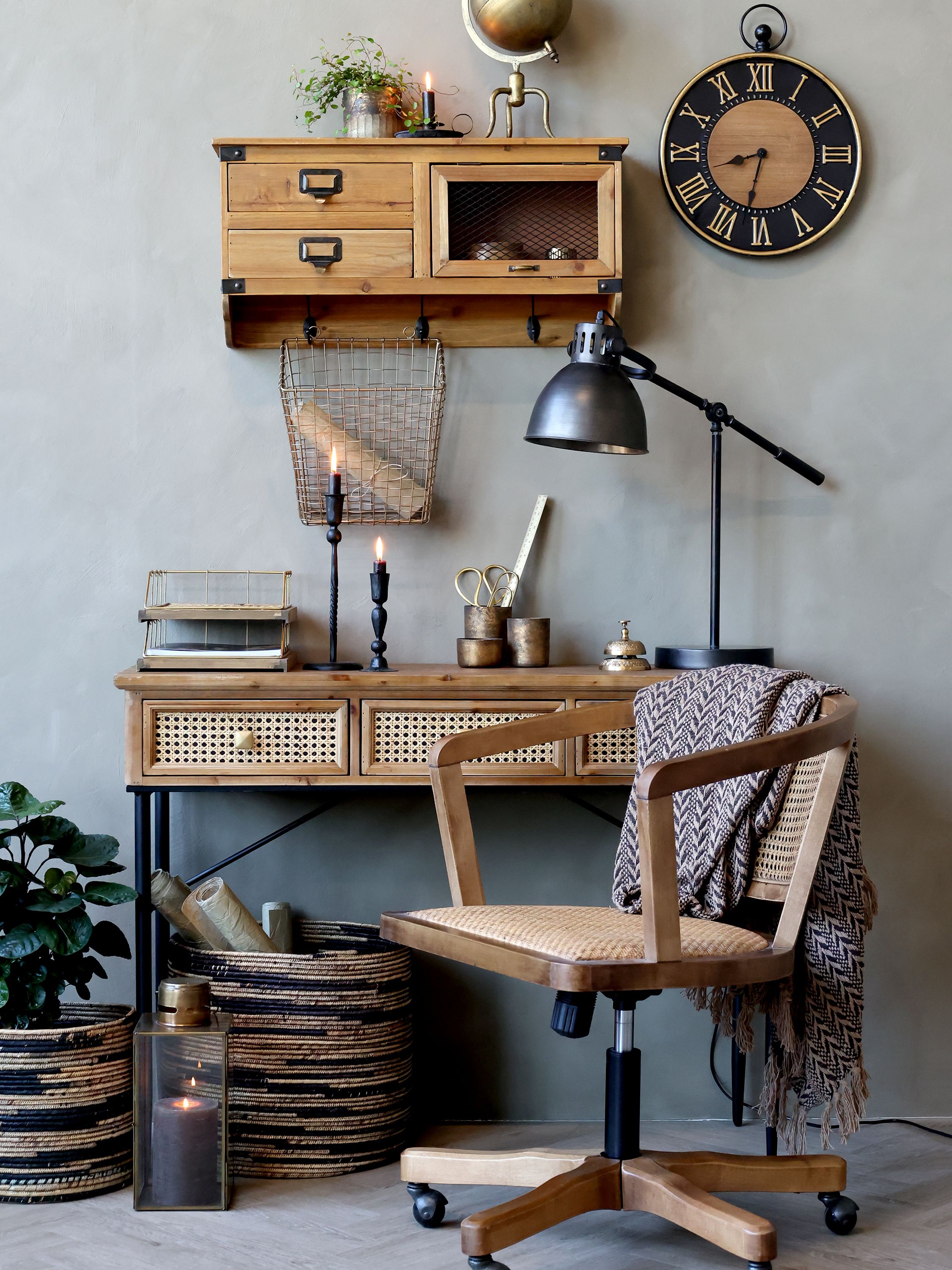 Französischer Bürostuhl mit Rattan-Geflecht, natur