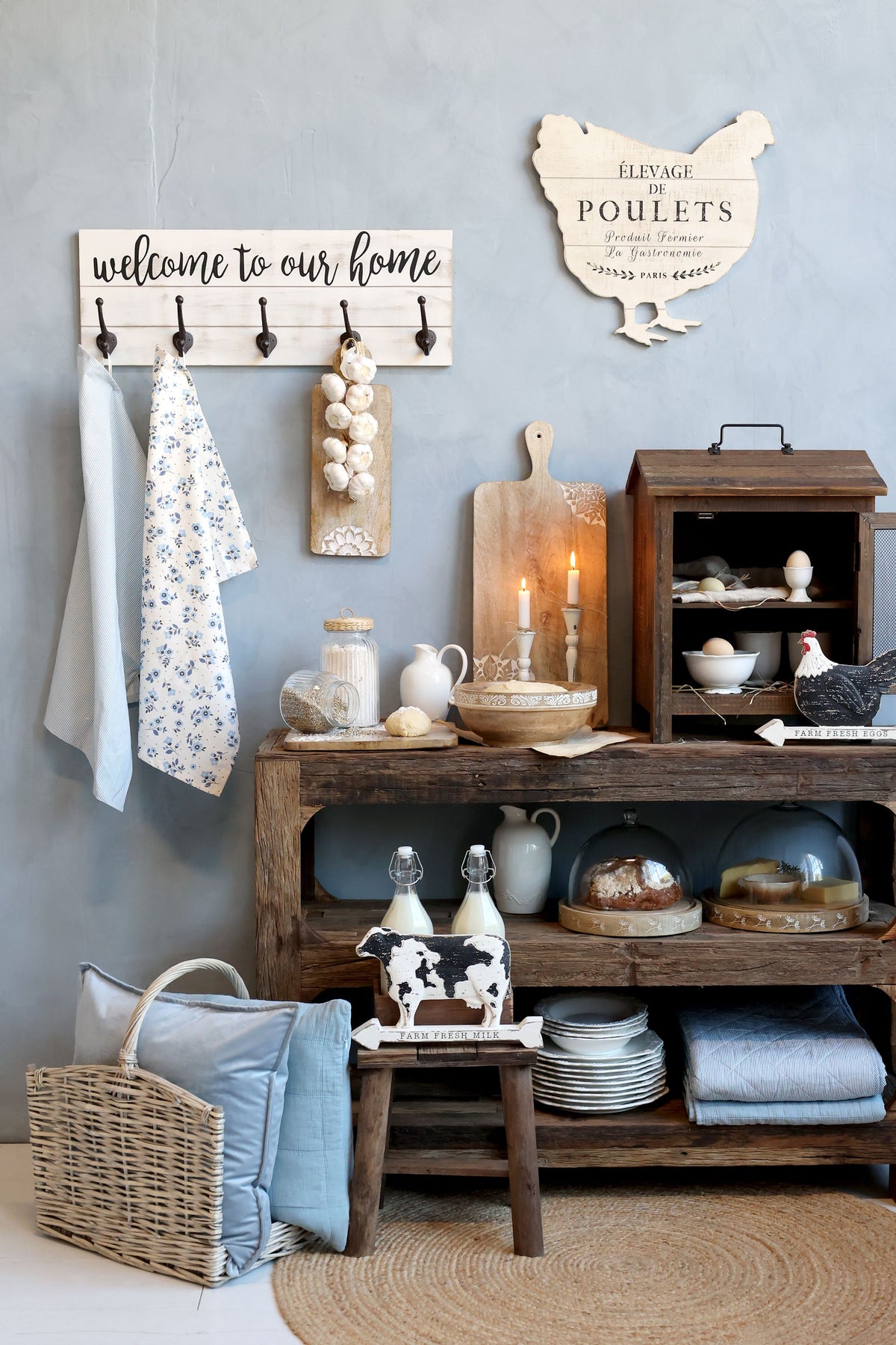 Kleiderhakenbrett mit Text und 5 Haken, antique creme