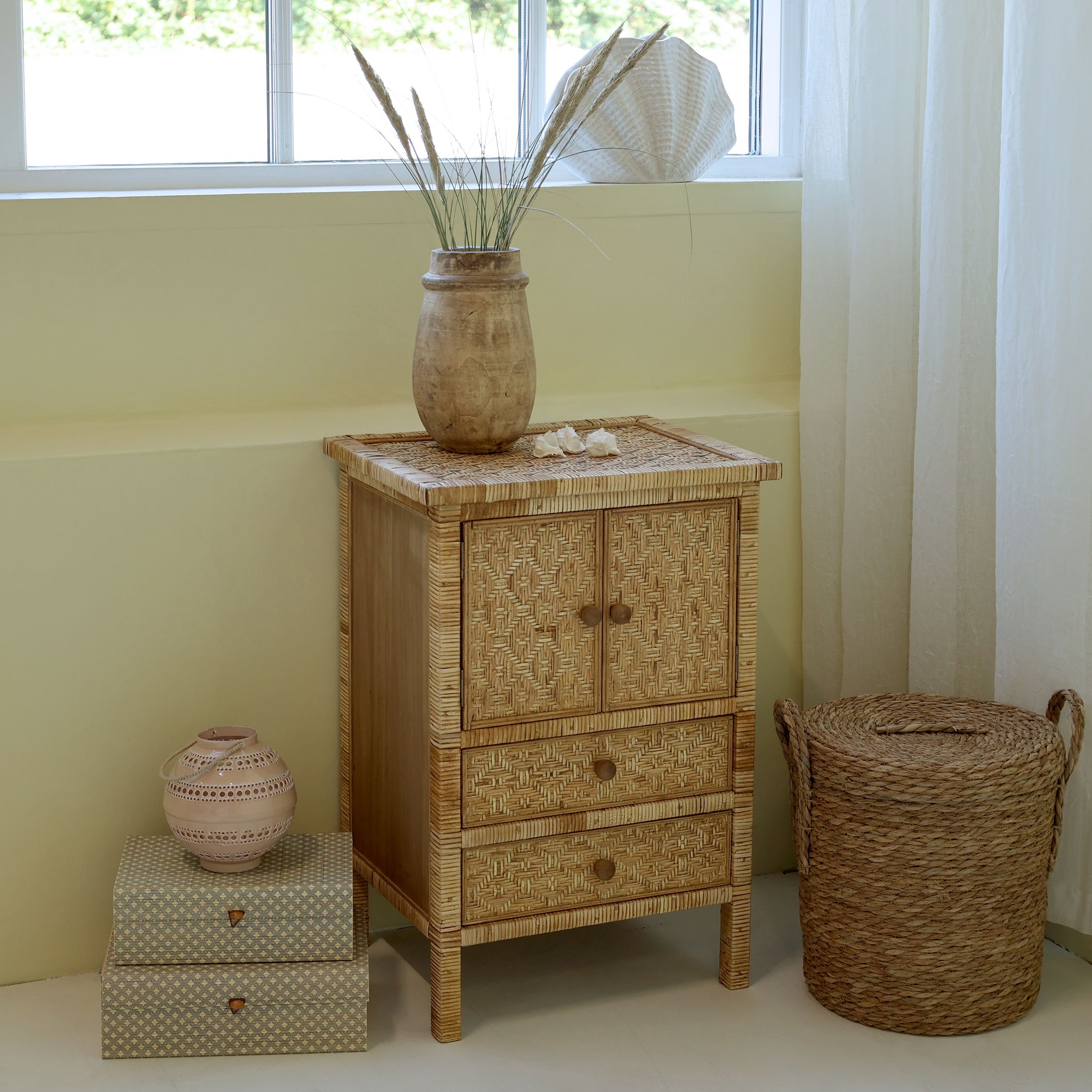 Schrank mit 2 Türen und 2 Schubladen, Rattan, natur