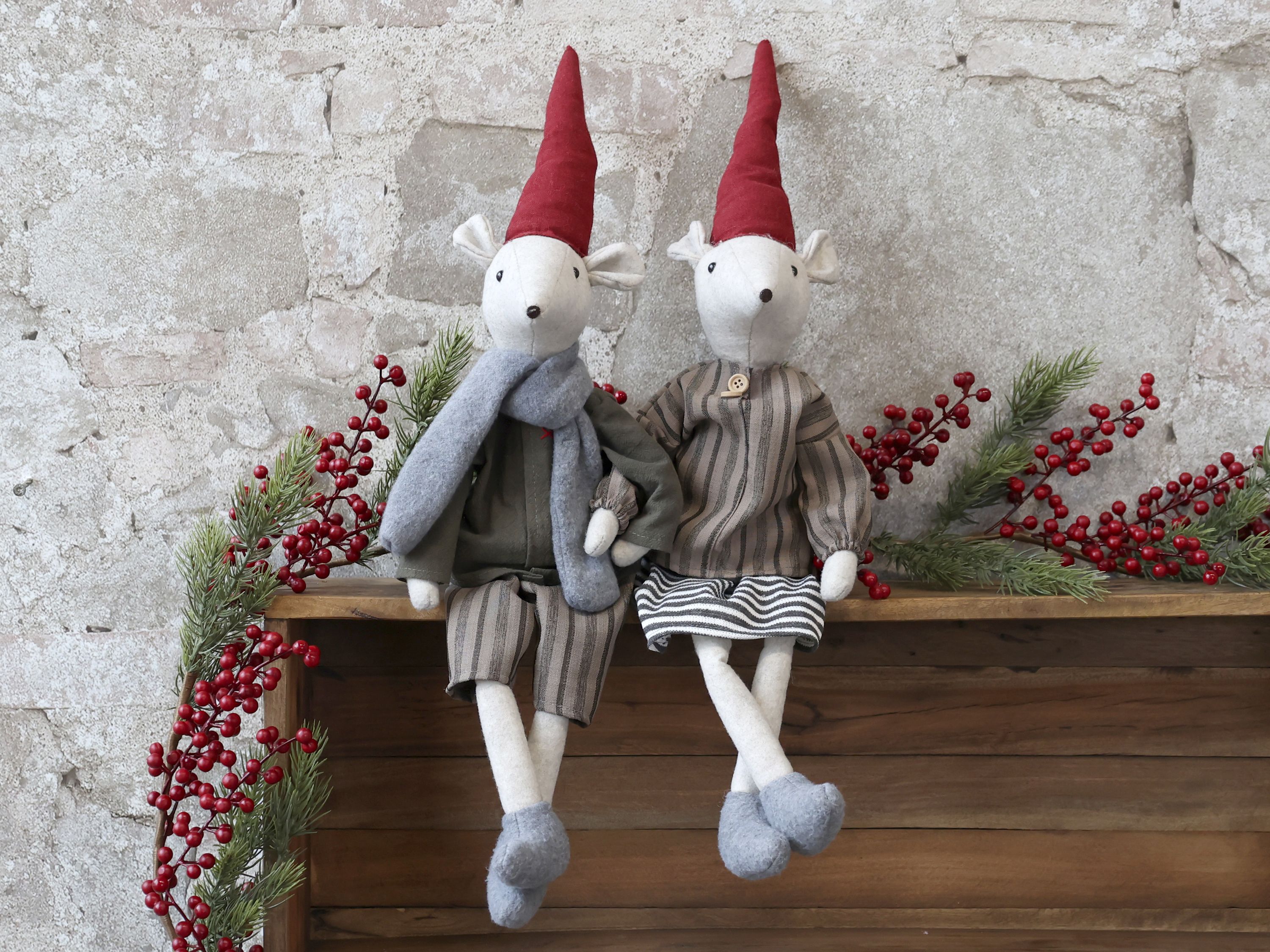 Weihnachtsmaus sitzend aus Leinen, 60 cm hoch, 2er-Set