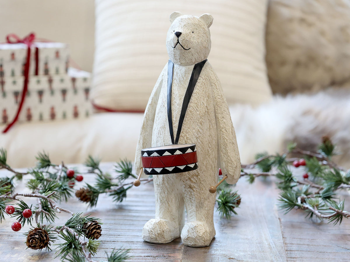 Bär mit Trommel aus Polyresin, antique weiß, 25 cm