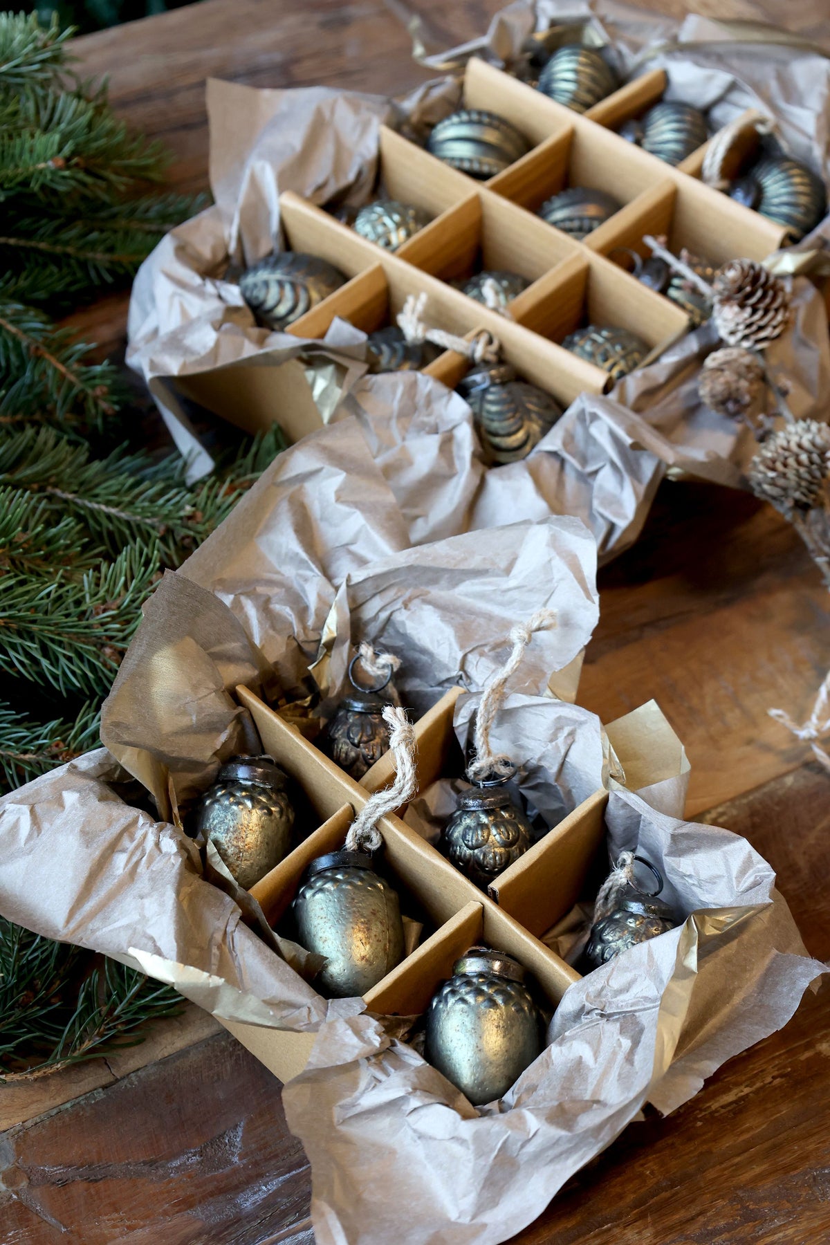 Weihnachtskugeln aus Glas, 6 Stück, antique olive