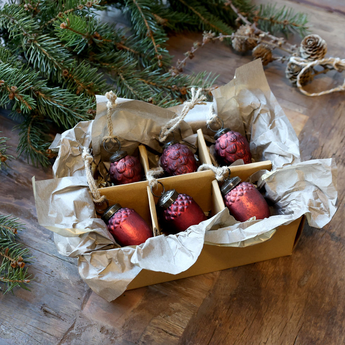 Weihnachtskugeln aus Glas, 6 Stück, antique cherry