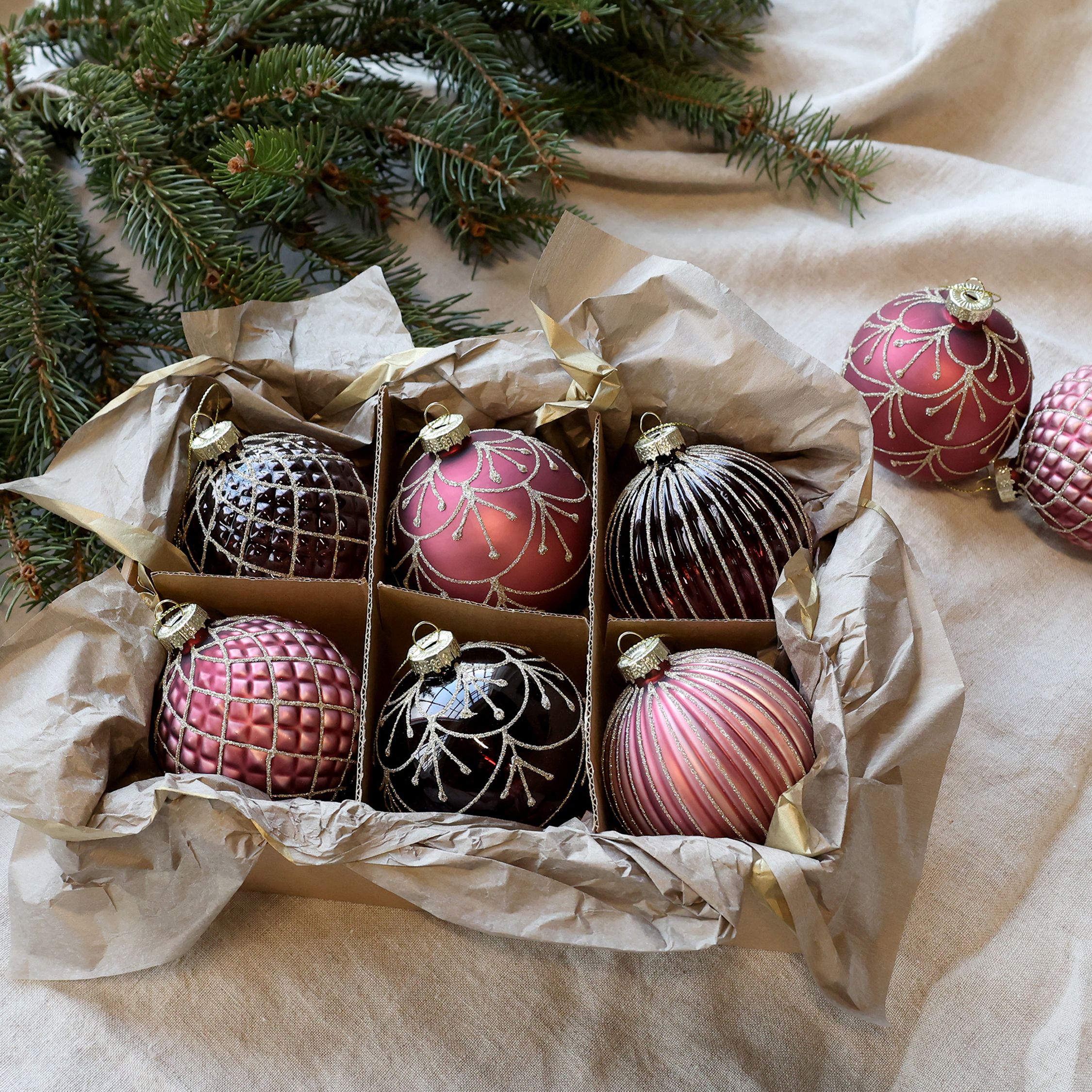Weihnachtskugel Set aus Glas, 6er, Malve