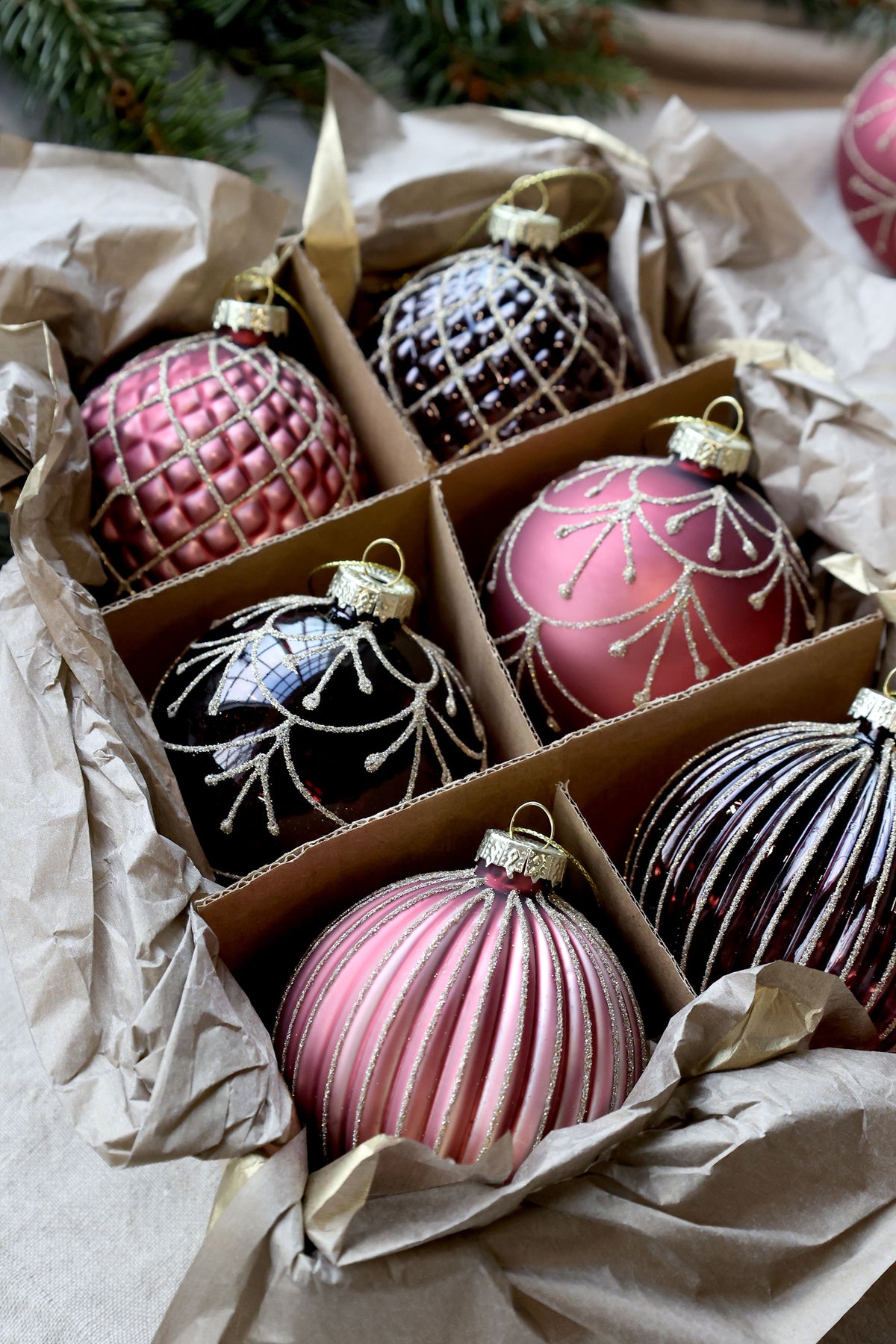 Weihnachtskugel Set aus Glas, 6er, Malve