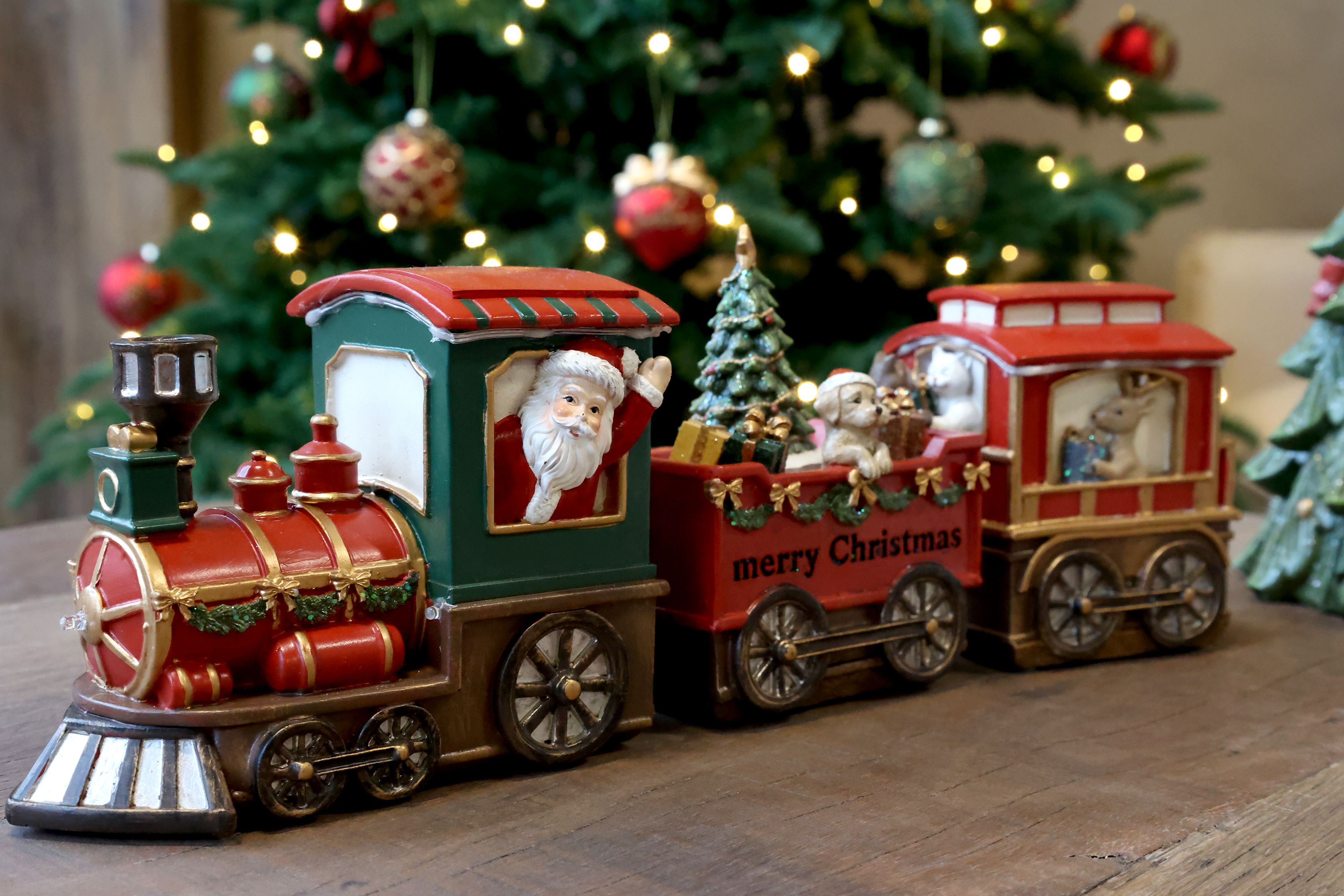 Noël Weihnachtszug mit 2 Wagen und LED, Polyresin, cherry