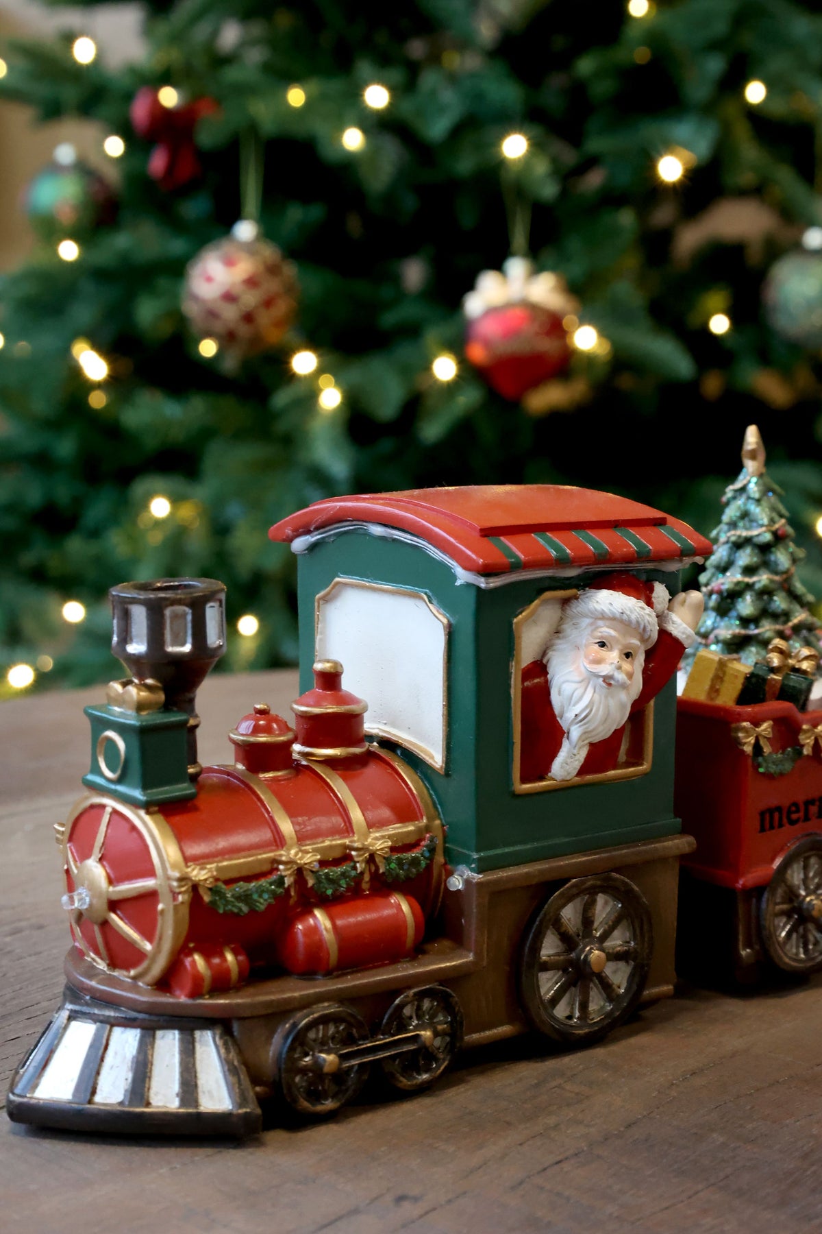 Noël Weihnachtszug mit 2 Wagen und LED, Polyresin, cherry