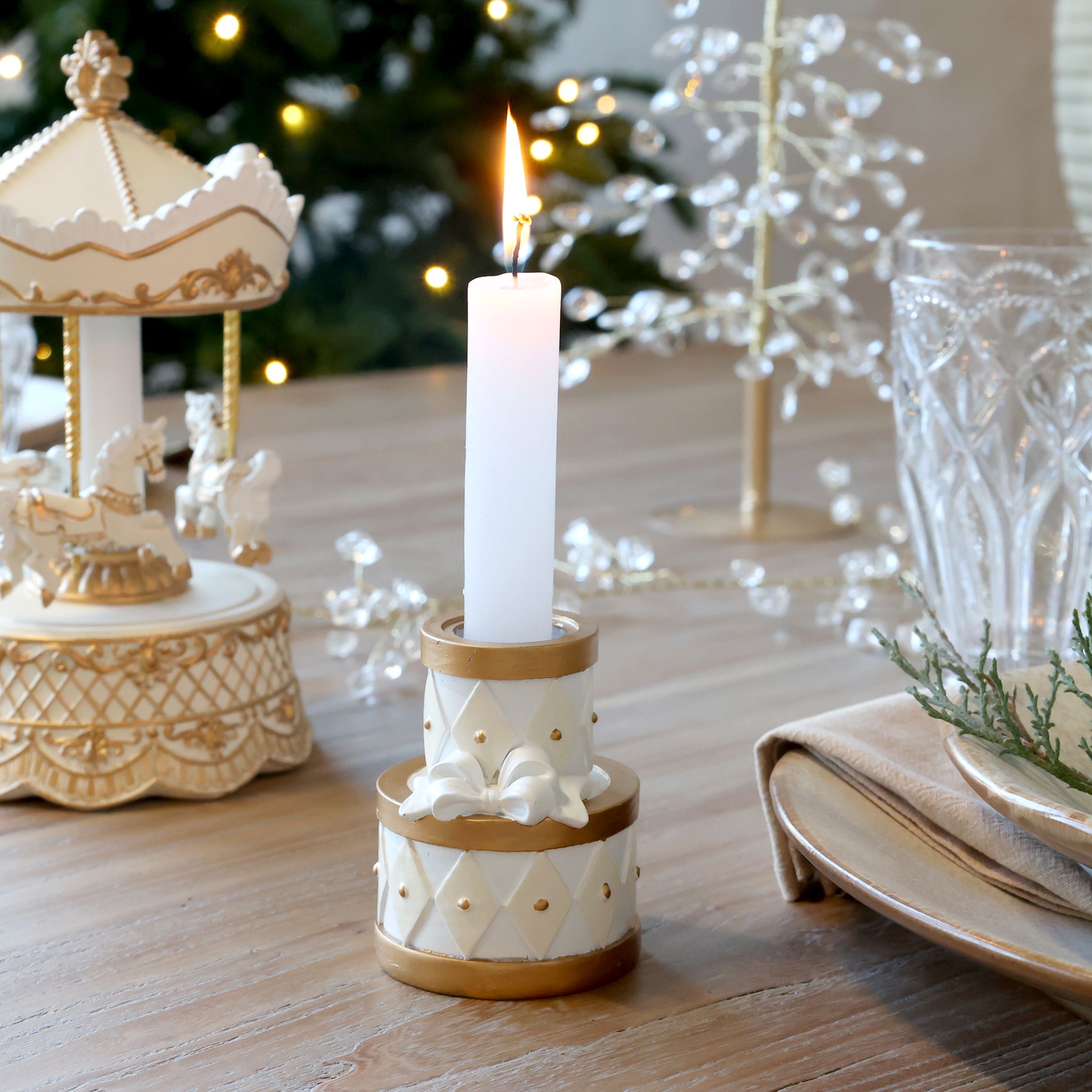 Noël Kerzenständer mit Schleife, antique creme, 7,5 cm hoch