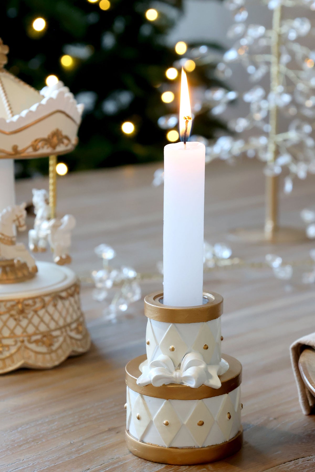 Noël Kerzenständer mit Schleife, antique creme, 7,5 cm hoch