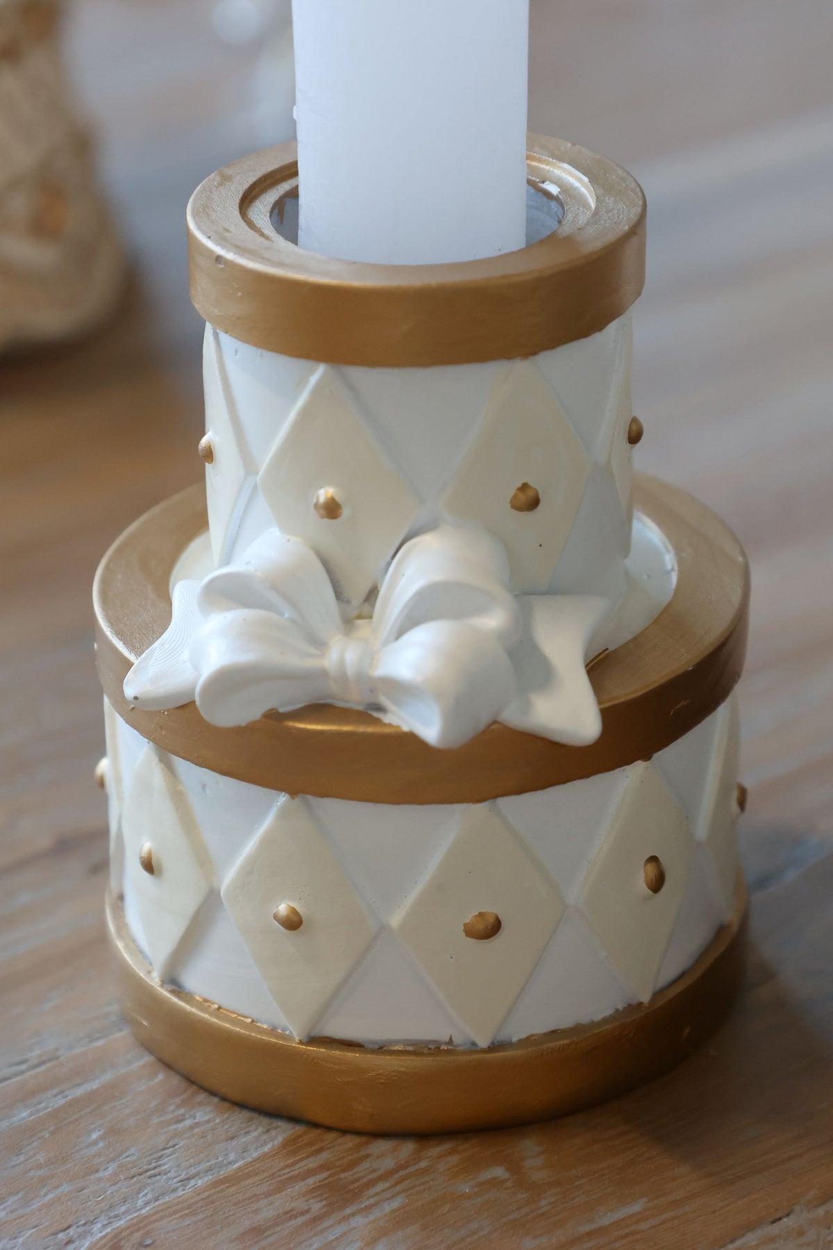Noël Kerzenständer mit Schleife, antique creme, 7,5 cm hoch