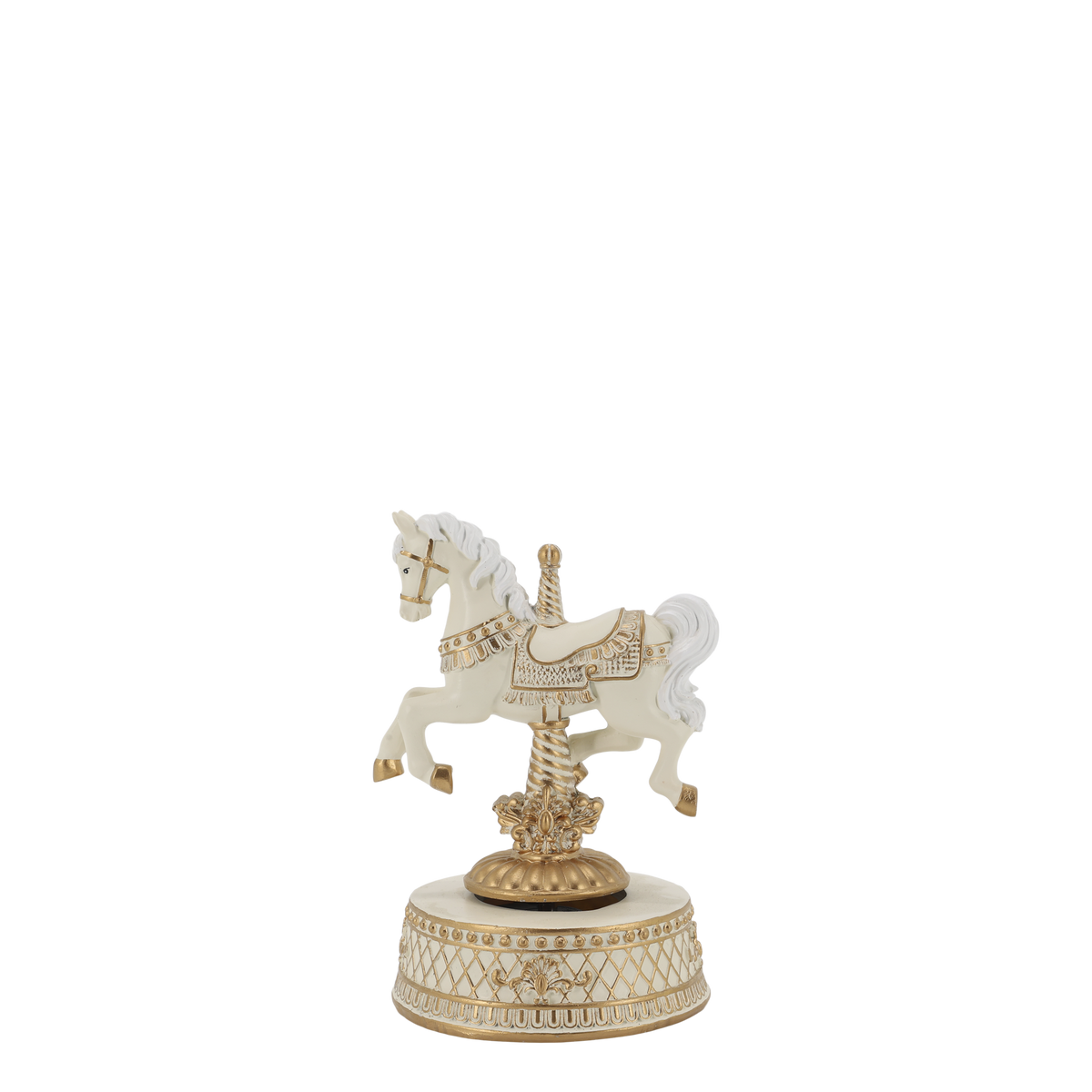 Noël Spieluhr mit Pferd, Polyresin, antique creme, 17,5 cm