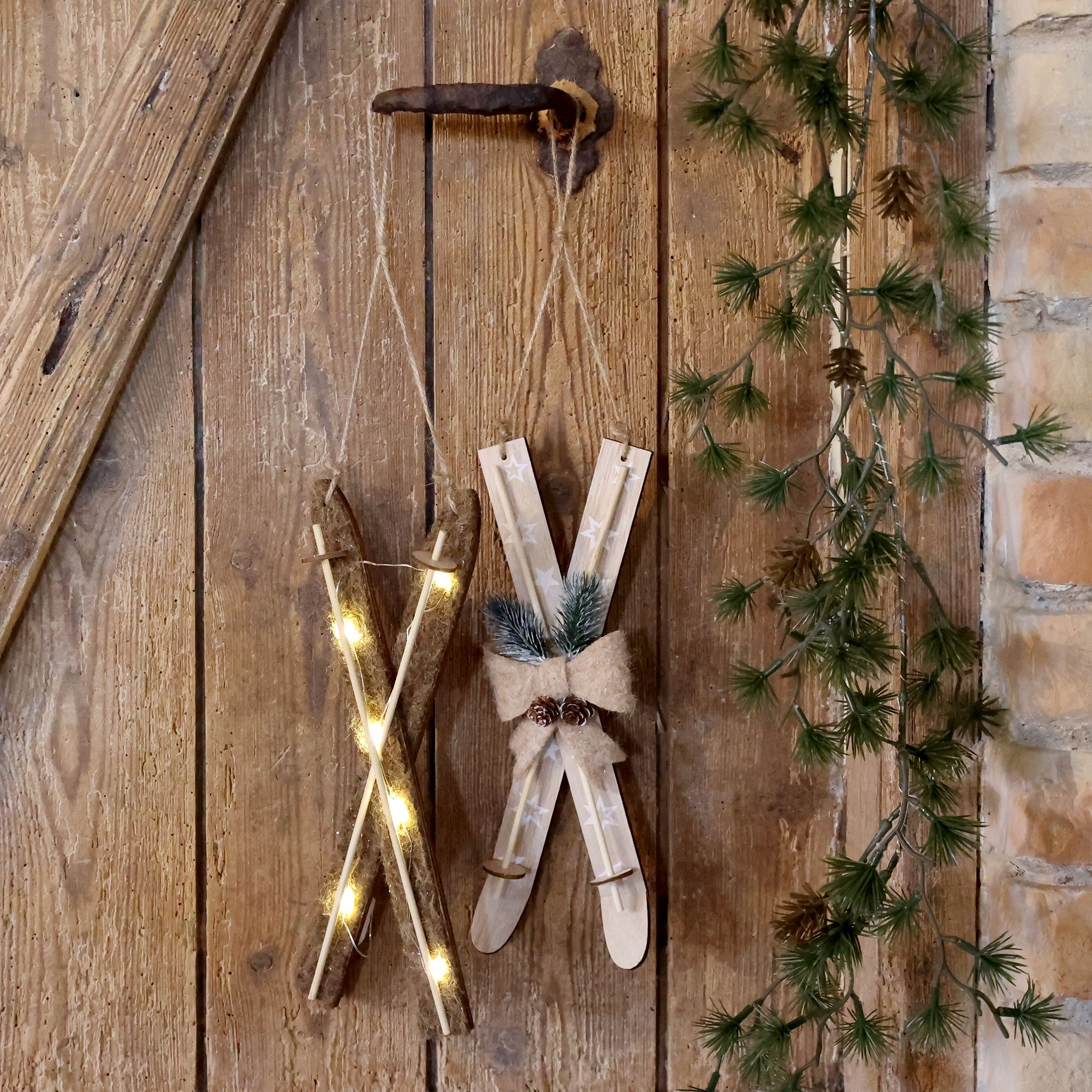 Deko-Ski mit LED und Schleife, 29 cm, beige/mocca