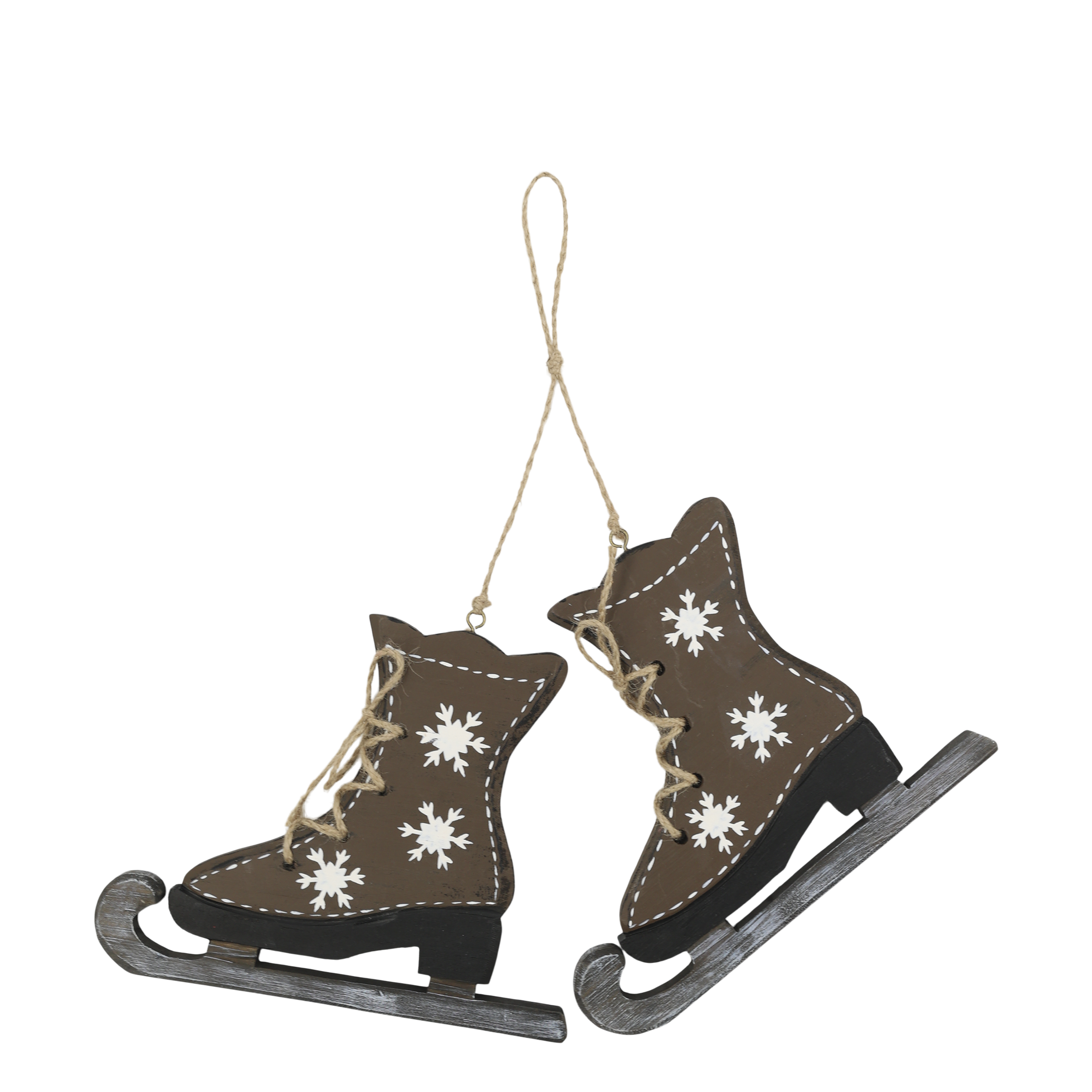 Vintage Schlittschuhe mit Schneeflocke aus Kiefernholz