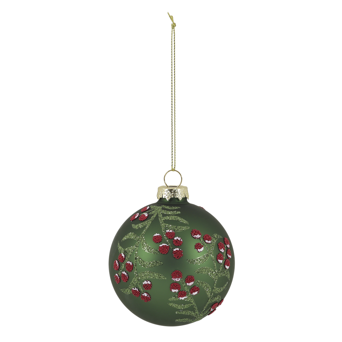 Weihnachtskugel aus Glas mit Zweigen und Beeren, 8 cm, moos